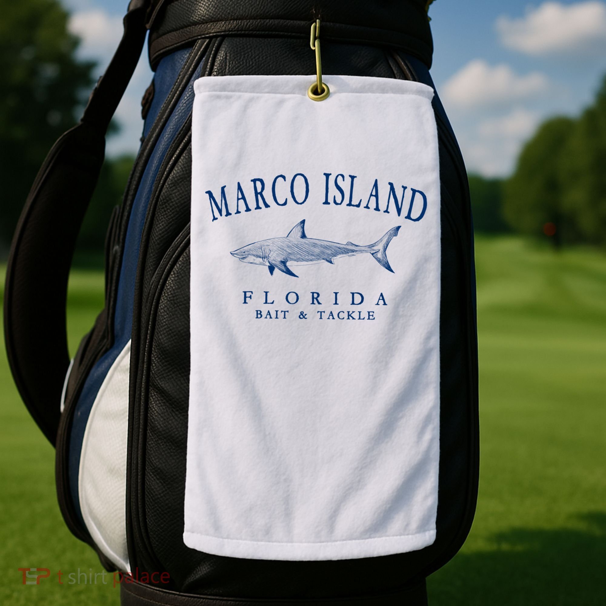 Cute Gift Marco Island Florida Shark Retro Arched Navy Blue Letters  Golf Towel