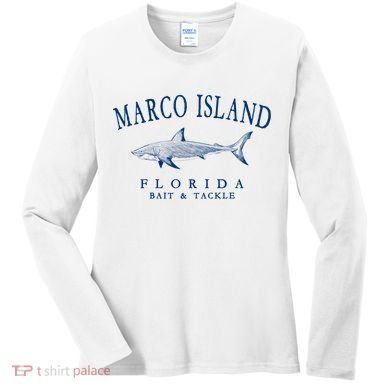Cute Gift Marco Island Florida Shark Retro Arched Navy Blue Letters  Women's Long Sleeve Shirt