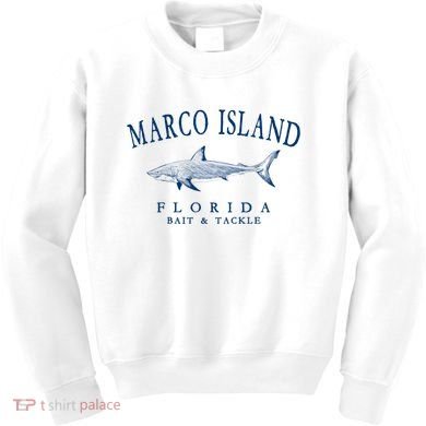 Cute Gift Marco Island Florida Shark Retro Arched Navy Blue Letters  Kids Sweatshirt