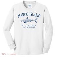 Cute Gift Marco Island Florida Shark Retro Arched Navy Blue Letters  Kids Long Sleeve Shirt thumb 0