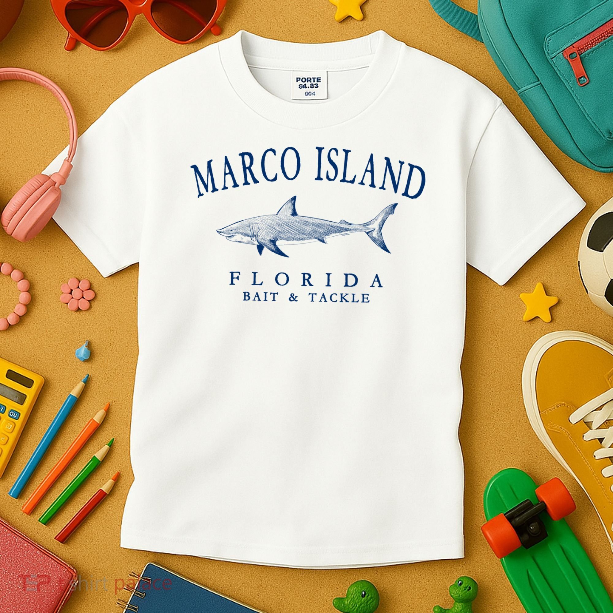 Cute Gift Marco Island Florida Shark Retro Arched Navy Blue Letters  Kids T-Shirt