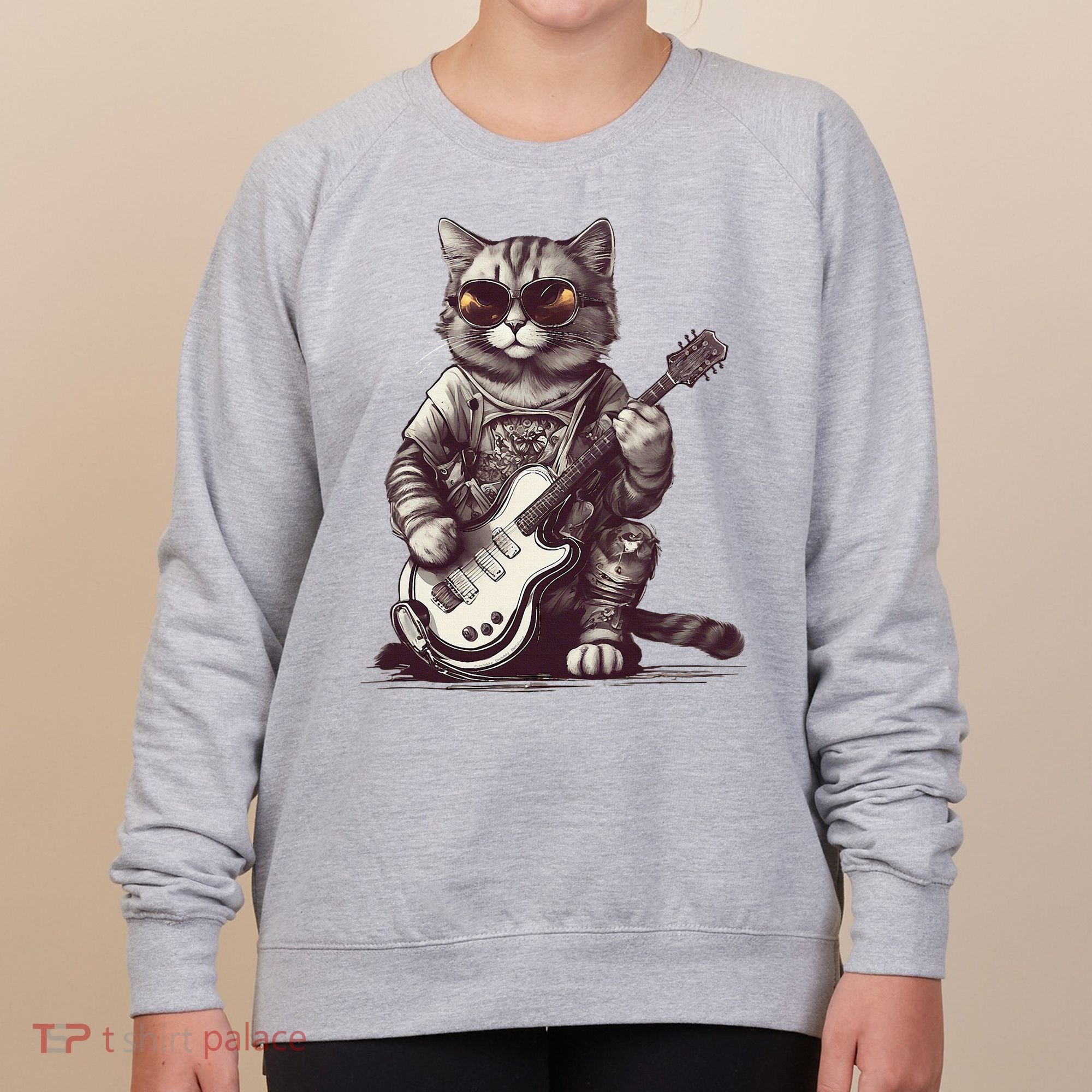 Cool Guitar Playing Cat with Glasses Band Rock Guitar Women's Sweatshirt