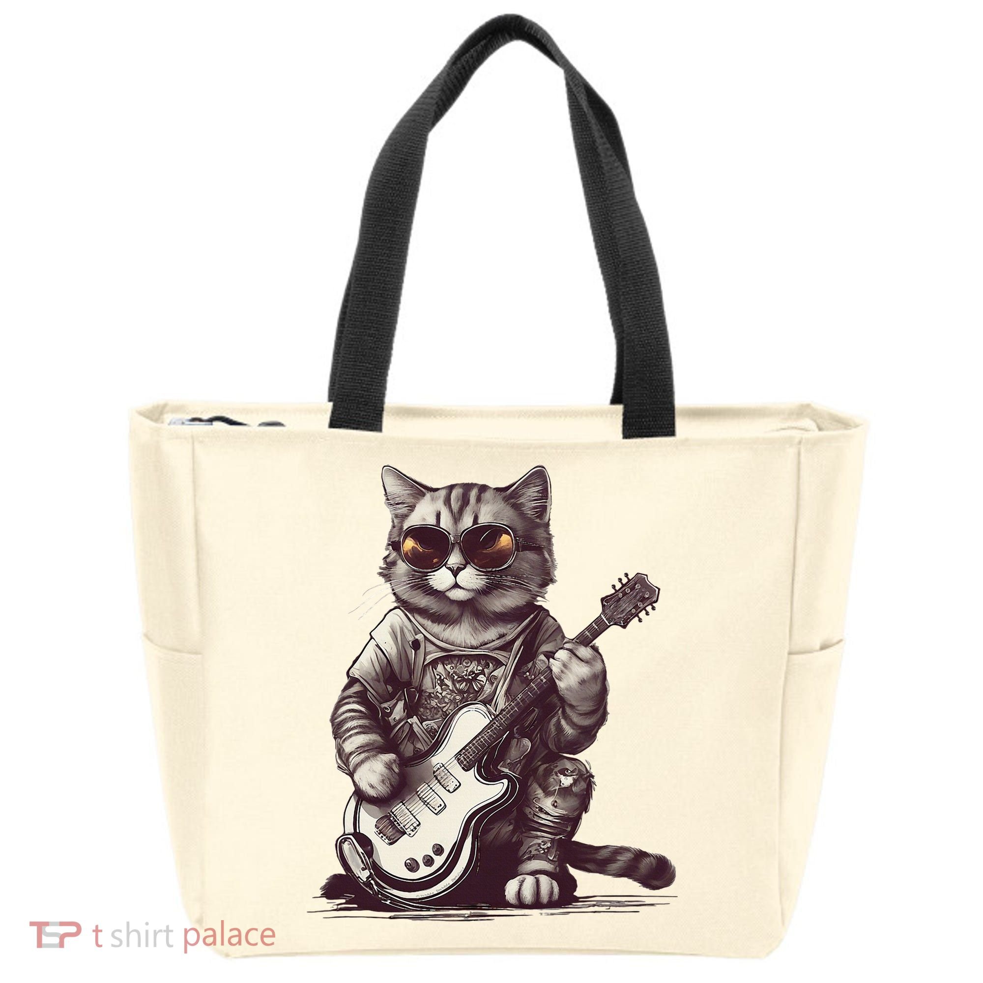 Cool Guitar Playing Cat with Glasses Band Rock Guitar Tote Bag