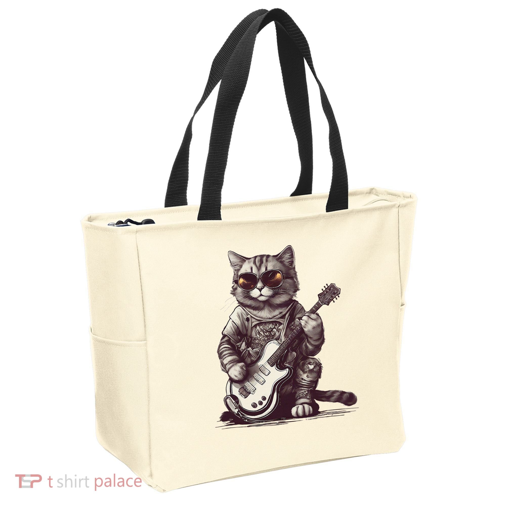 Cool Guitar Playing Cat with Glasses Band Rock Guitar Tote Bag