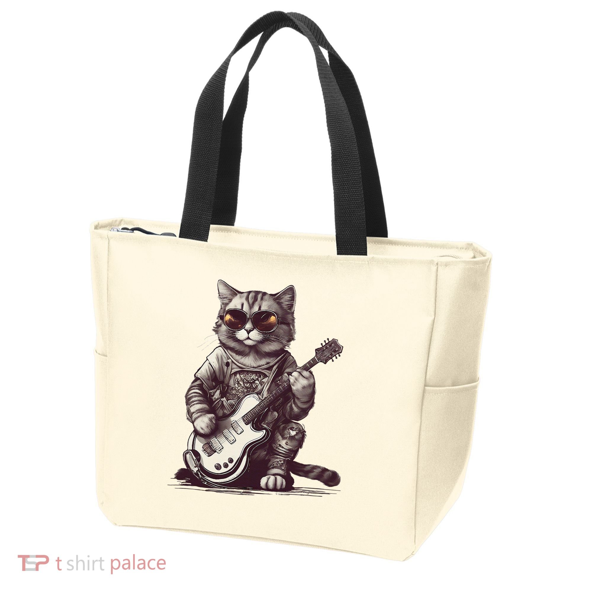 Cool Guitar Playing Cat with Glasses Band Rock Guitar Tote Bag