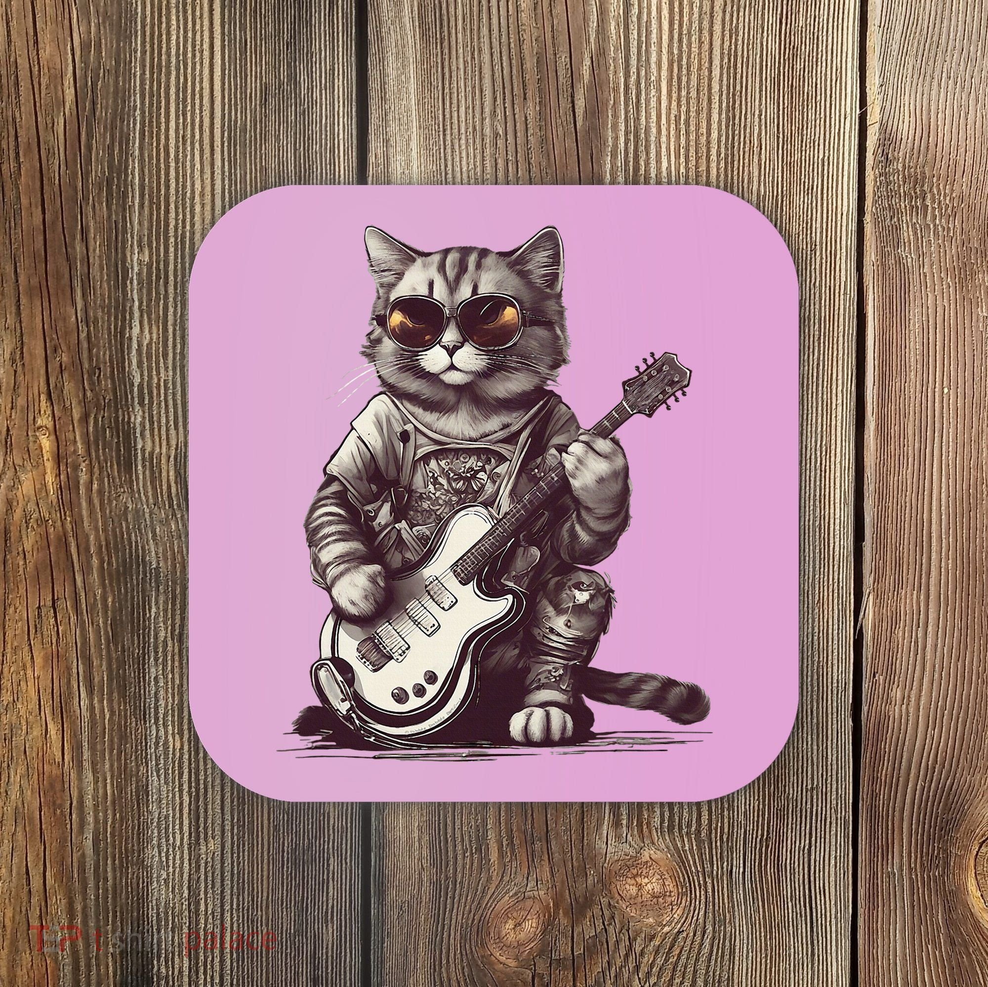 Cool Guitar Playing Cat with Glasses Band Rock Guitar Coaster