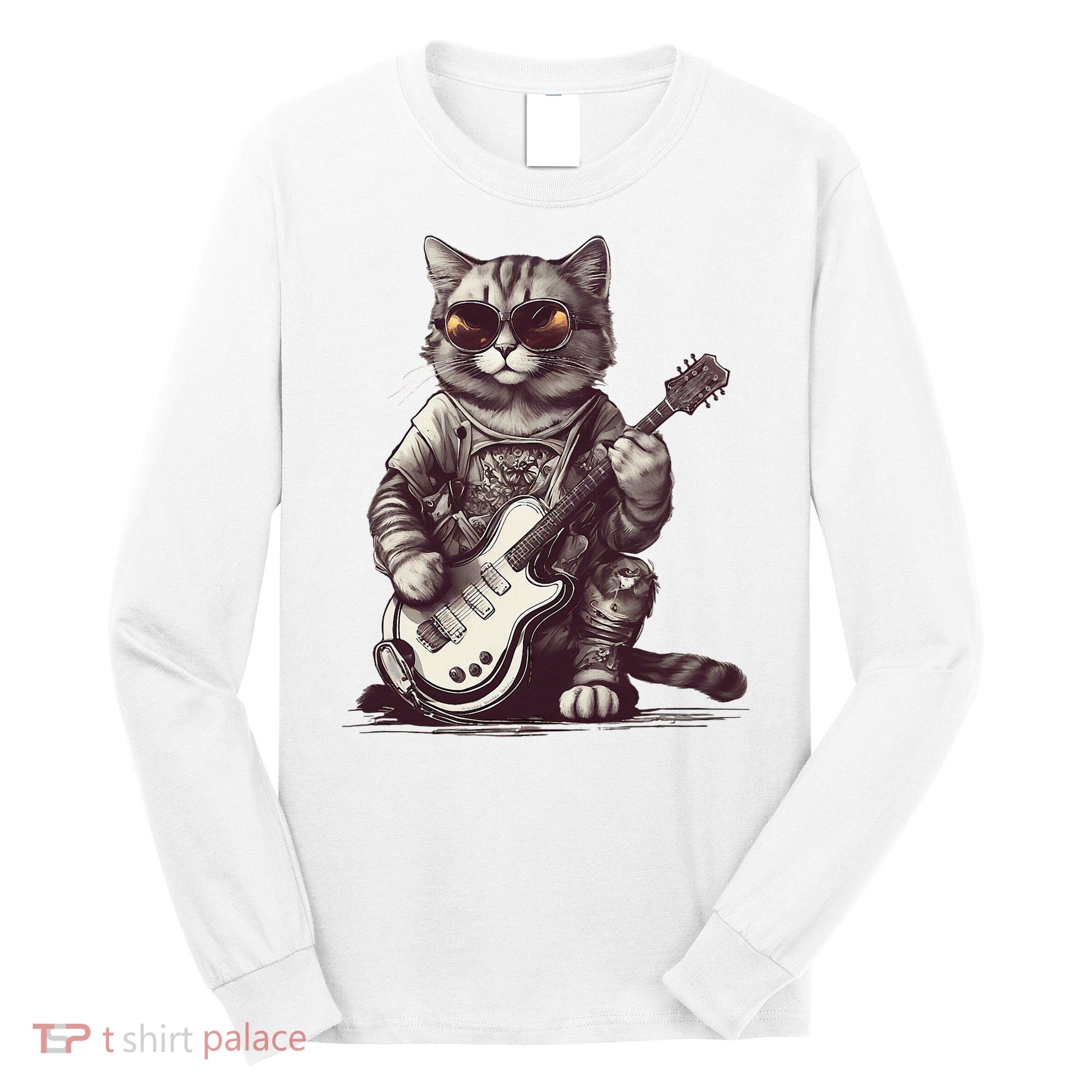 Cool Guitar Playing Cat with Glasses Band Rock Guitar Long Sleeve Shirt