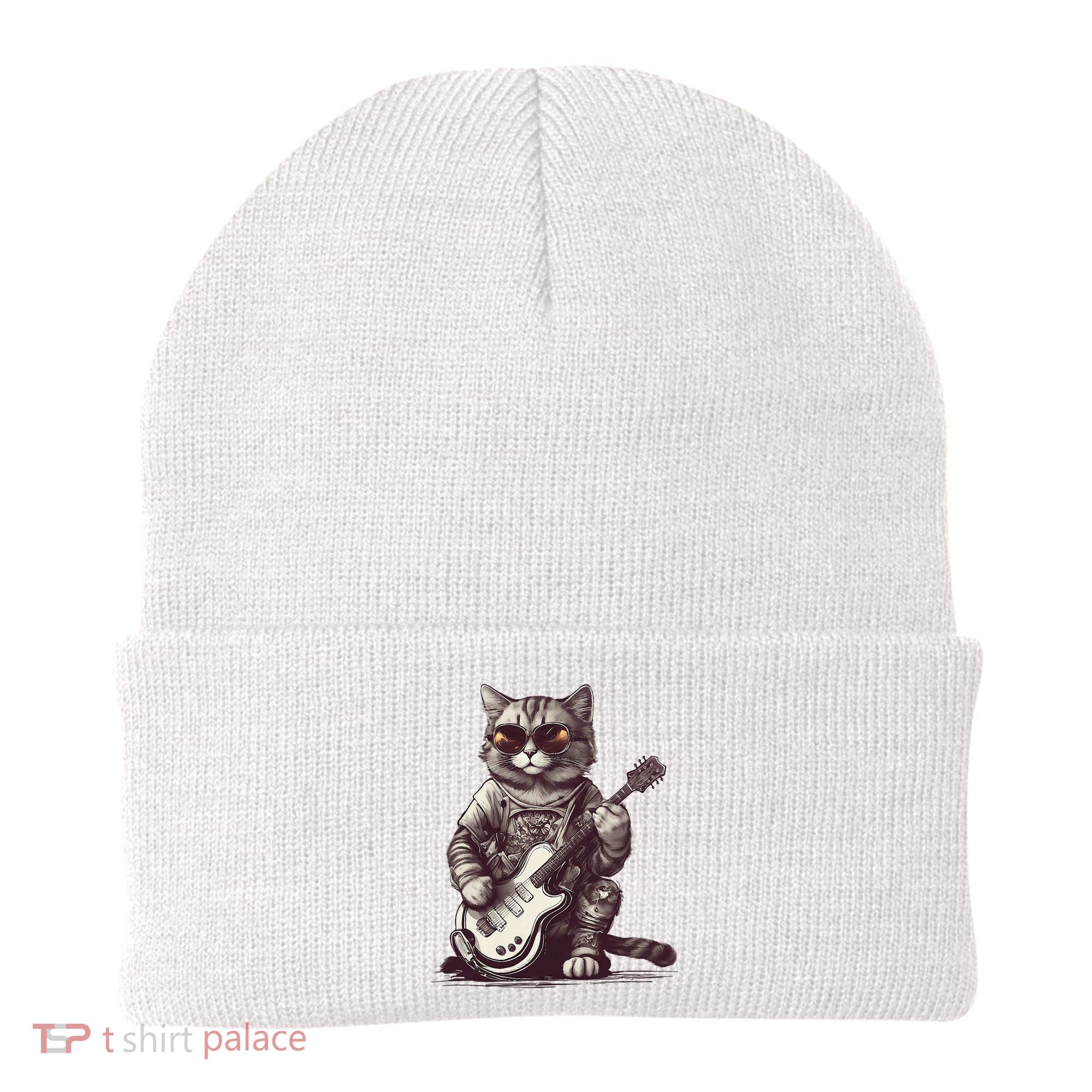 Cool Guitar Playing Cat with Glasses Band Rock Guitar Beanie