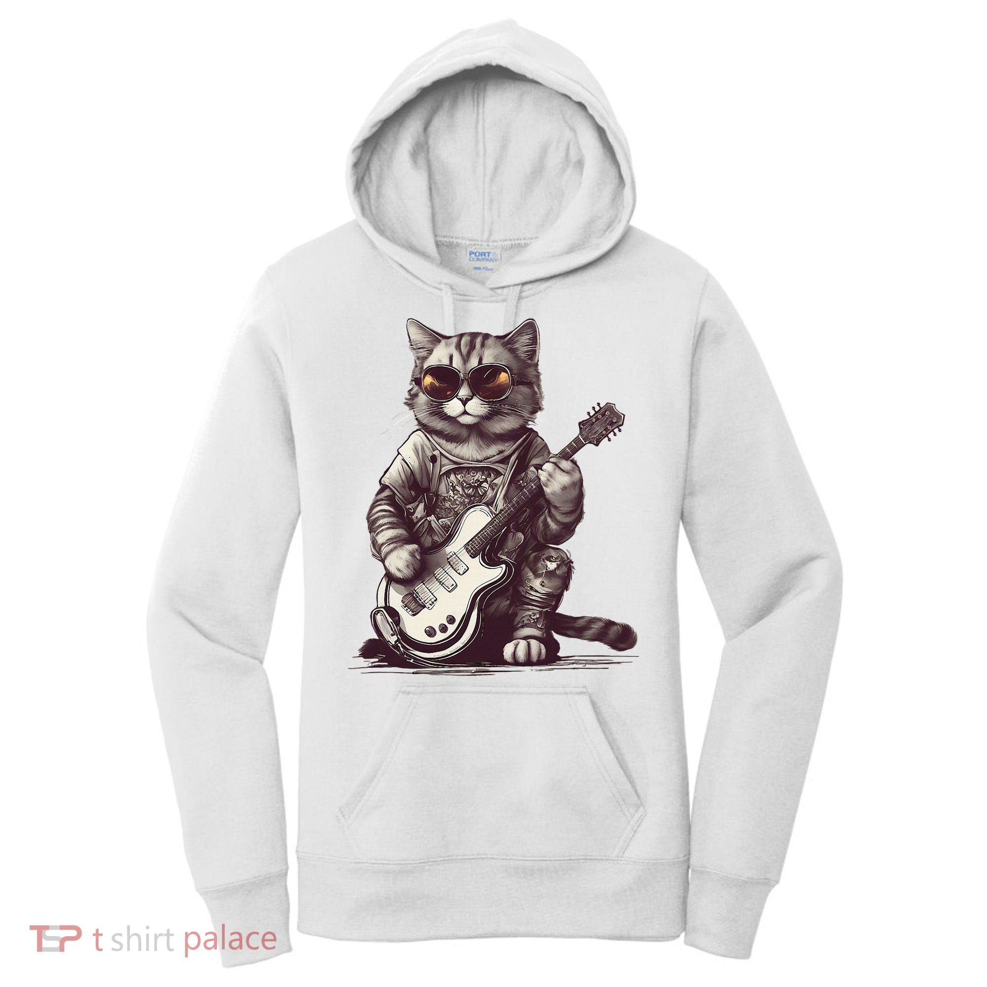 Cool Guitar Playing Cat with Glasses Band Rock Guitar Women's Hoodie