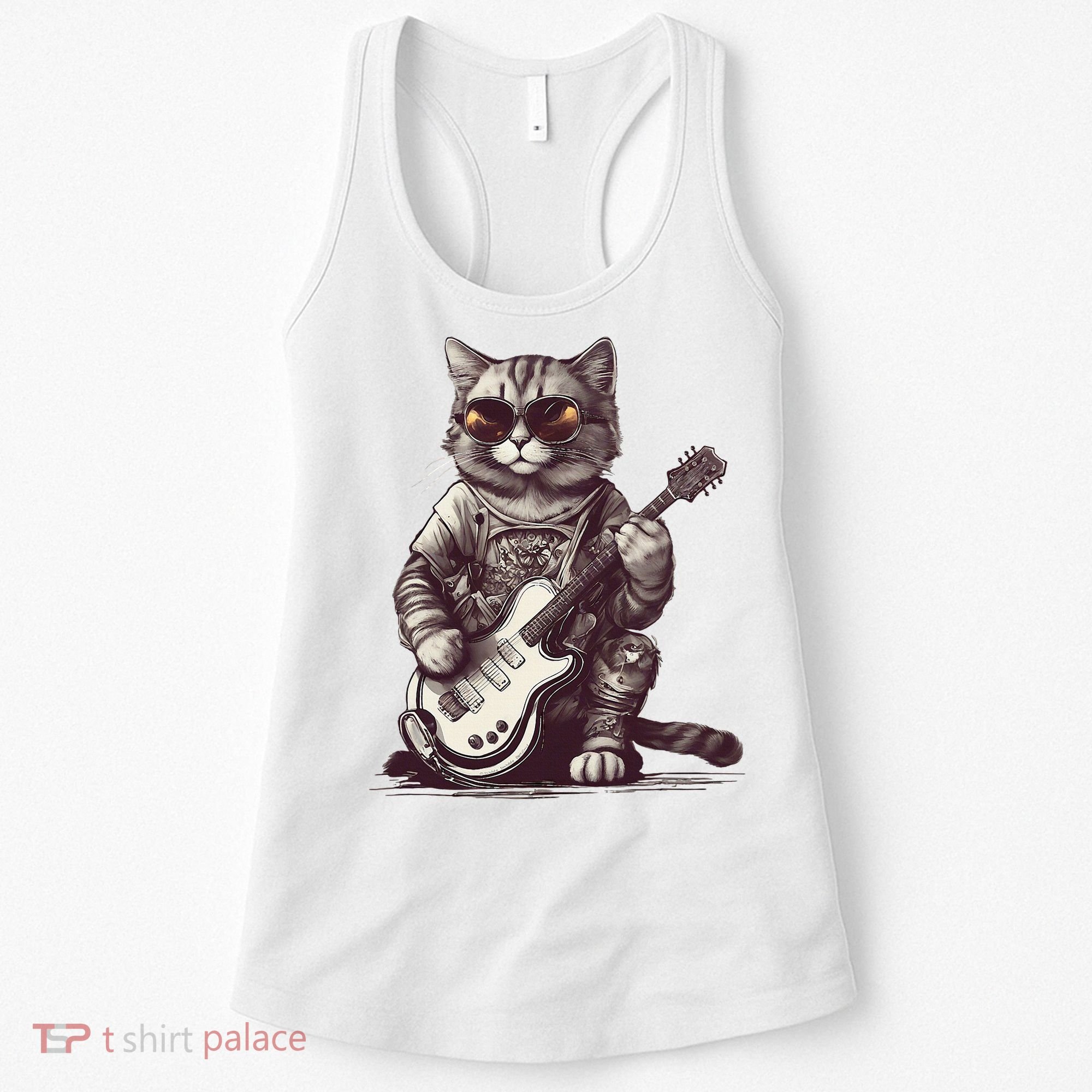 Cool Guitar Playing Cat with Glasses Band Rock Guitar Women's Tank Top