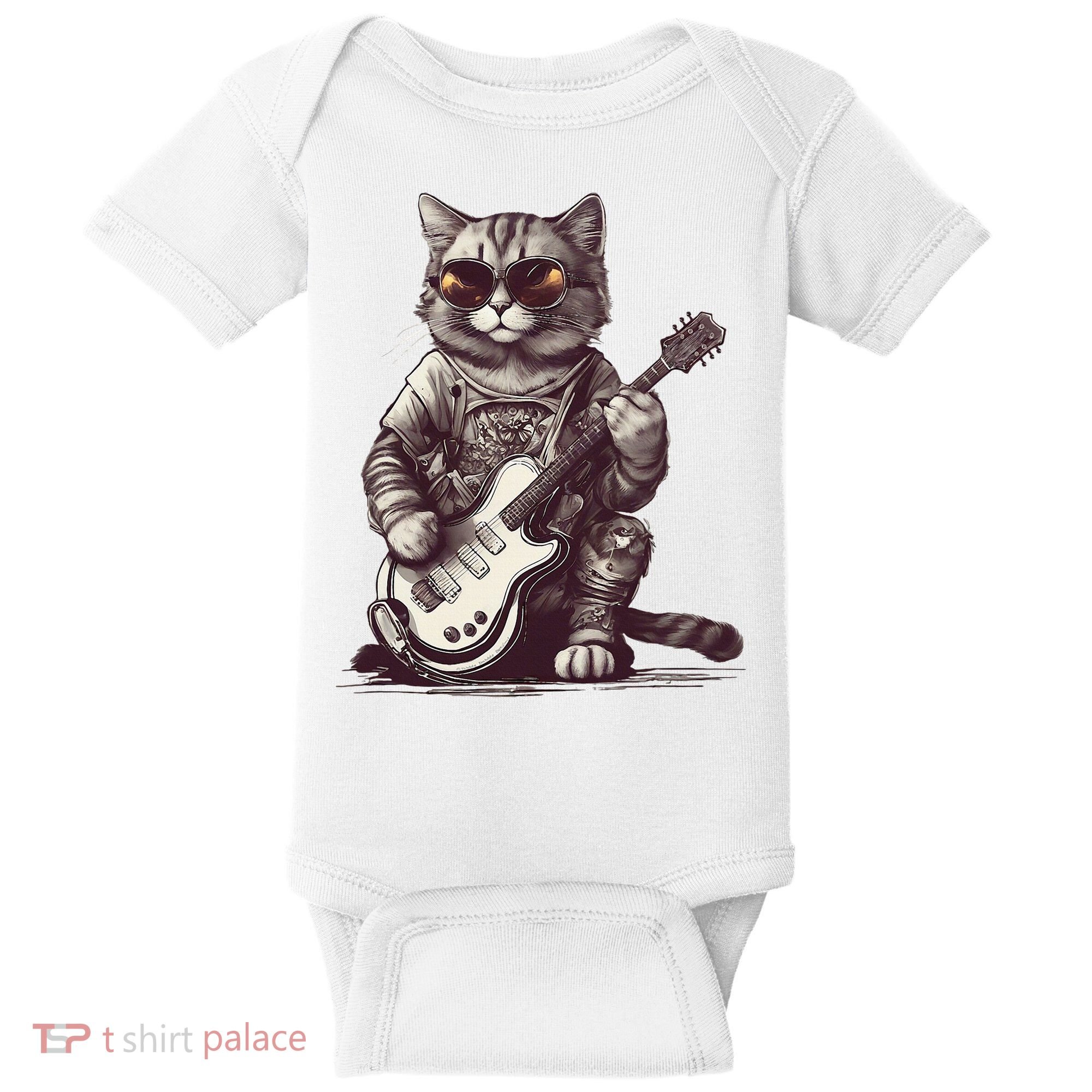 Cool Guitar Playing Cat with Glasses Band Rock Guitar Baby Bodysuit