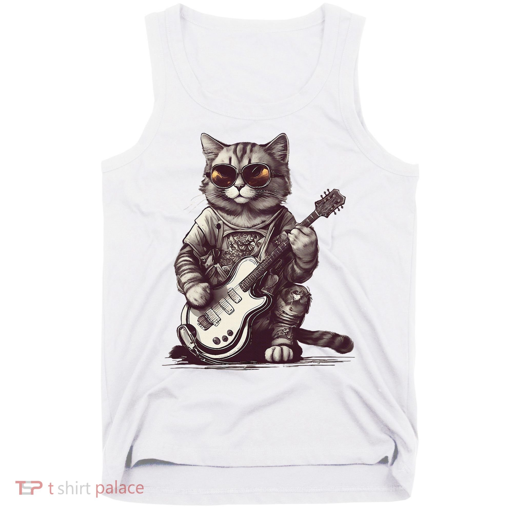 Cool Guitar Playing Cat with Glasses Band Rock Guitar Tank Top