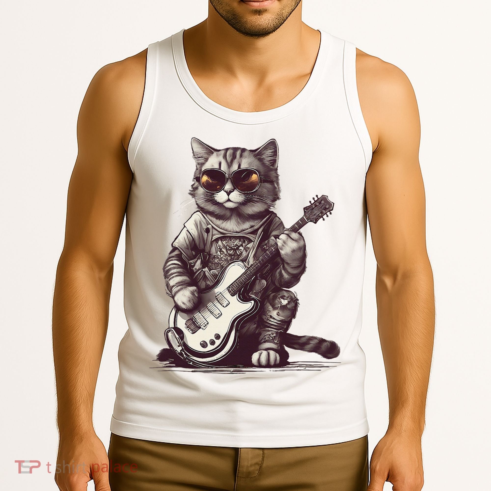 Cool Guitar Playing Cat with Glasses Band Rock Guitar Tank Top