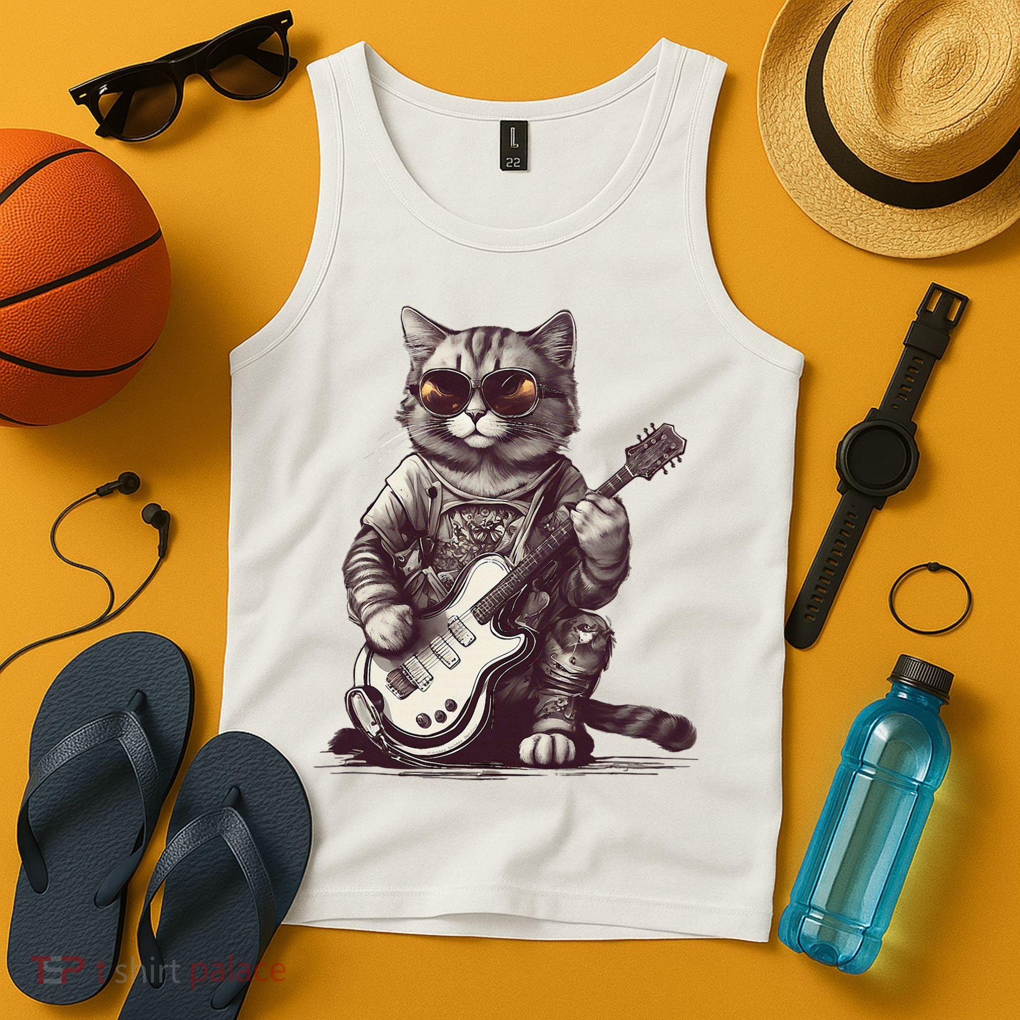Cool Guitar Playing Cat with Glasses Band Rock Guitar Tank Top