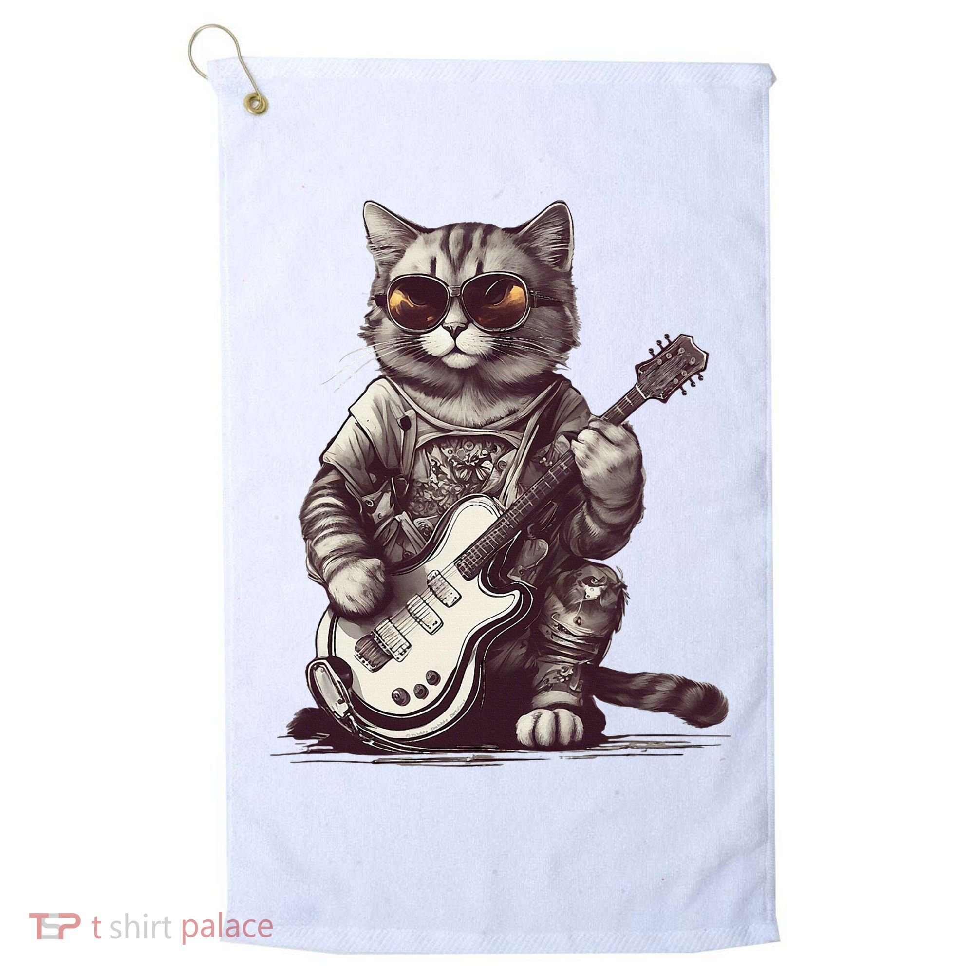 Cool Guitar Playing Cat with Glasses Band Rock Guitar Golf Towel
