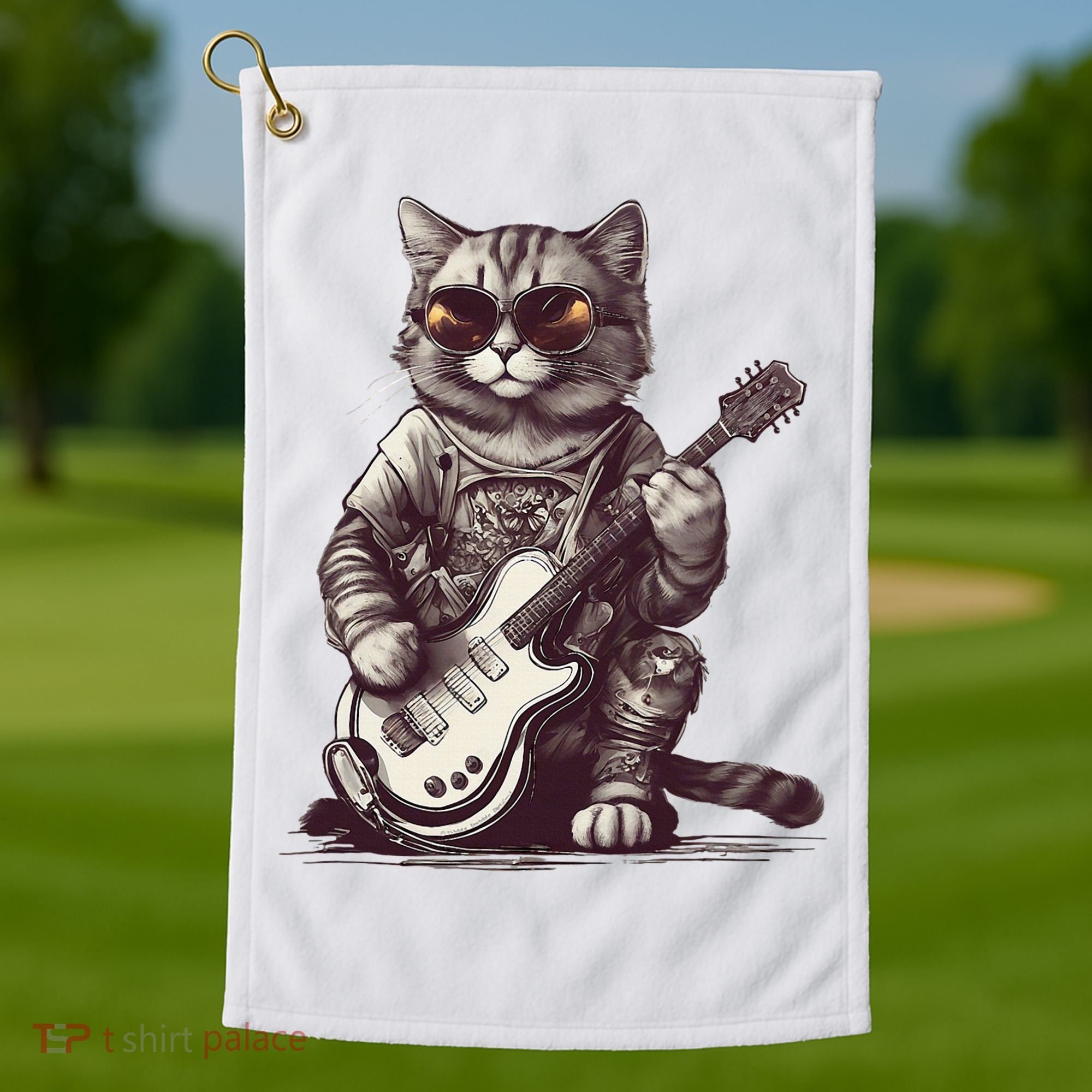 Cool Guitar Playing Cat with Glasses Band Rock Guitar Golf Towel