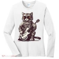 Cool Guitar Playing Cat with Glasses Band Rock Guitar Women's Long Sleeve Shirt thumb 0