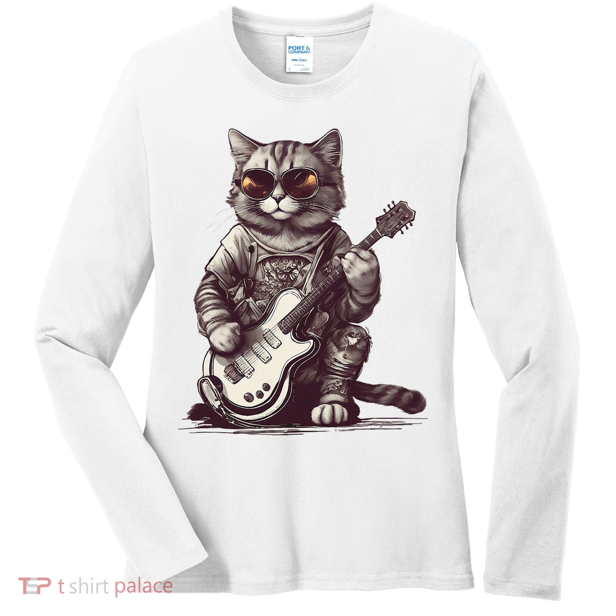 Cool Guitar Playing Cat with Glasses Band Rock Guitar Women's Long Sleeve Shirt