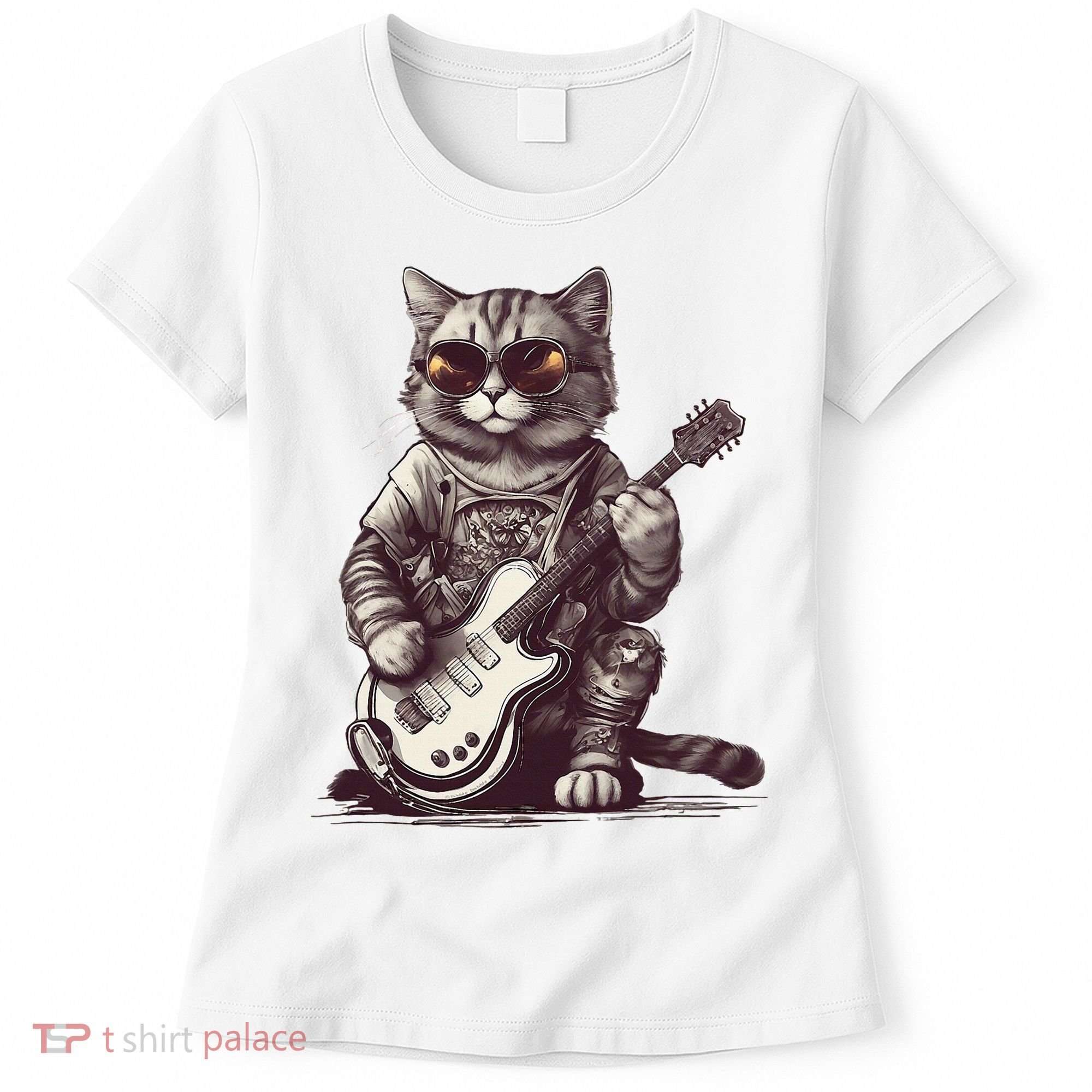 Cool Guitar Playing Cat with Glasses Band Rock Guitar Women's T-Shirt