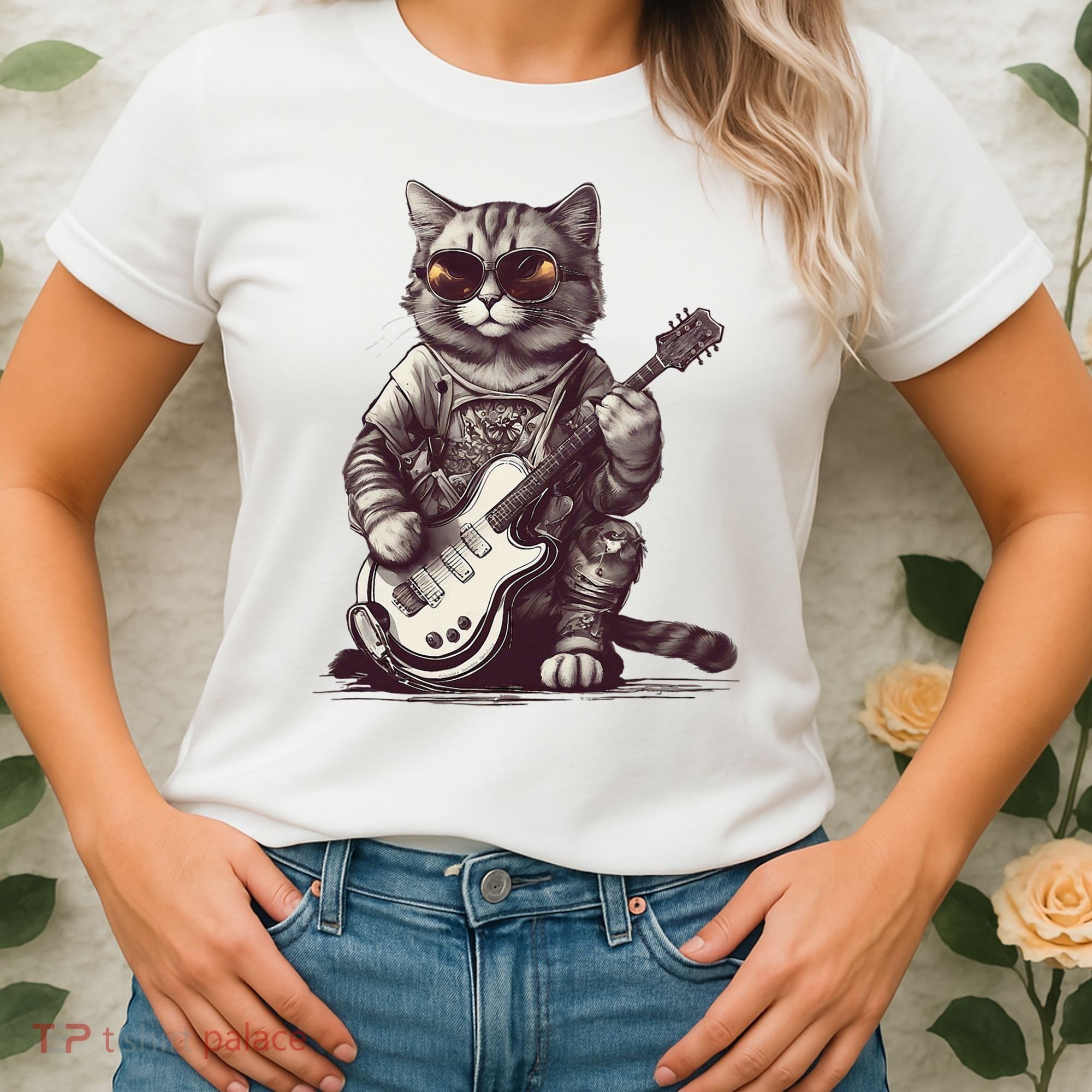 Cool Guitar Playing Cat with Glasses Band Rock Guitar Women's T-Shirt