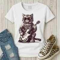 Cool Guitar Playing Cat with Glasses Band Rock Guitar Women's T-Shirt thumb 3