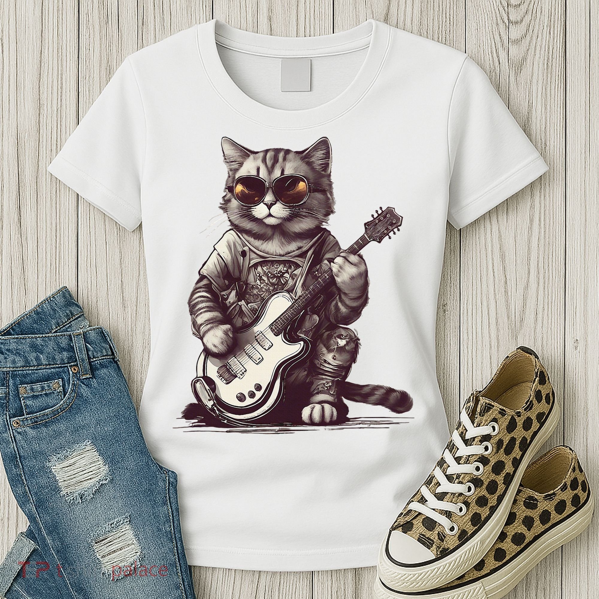 Cool Guitar Playing Cat with Glasses Band Rock Guitar Women's T-Shirt