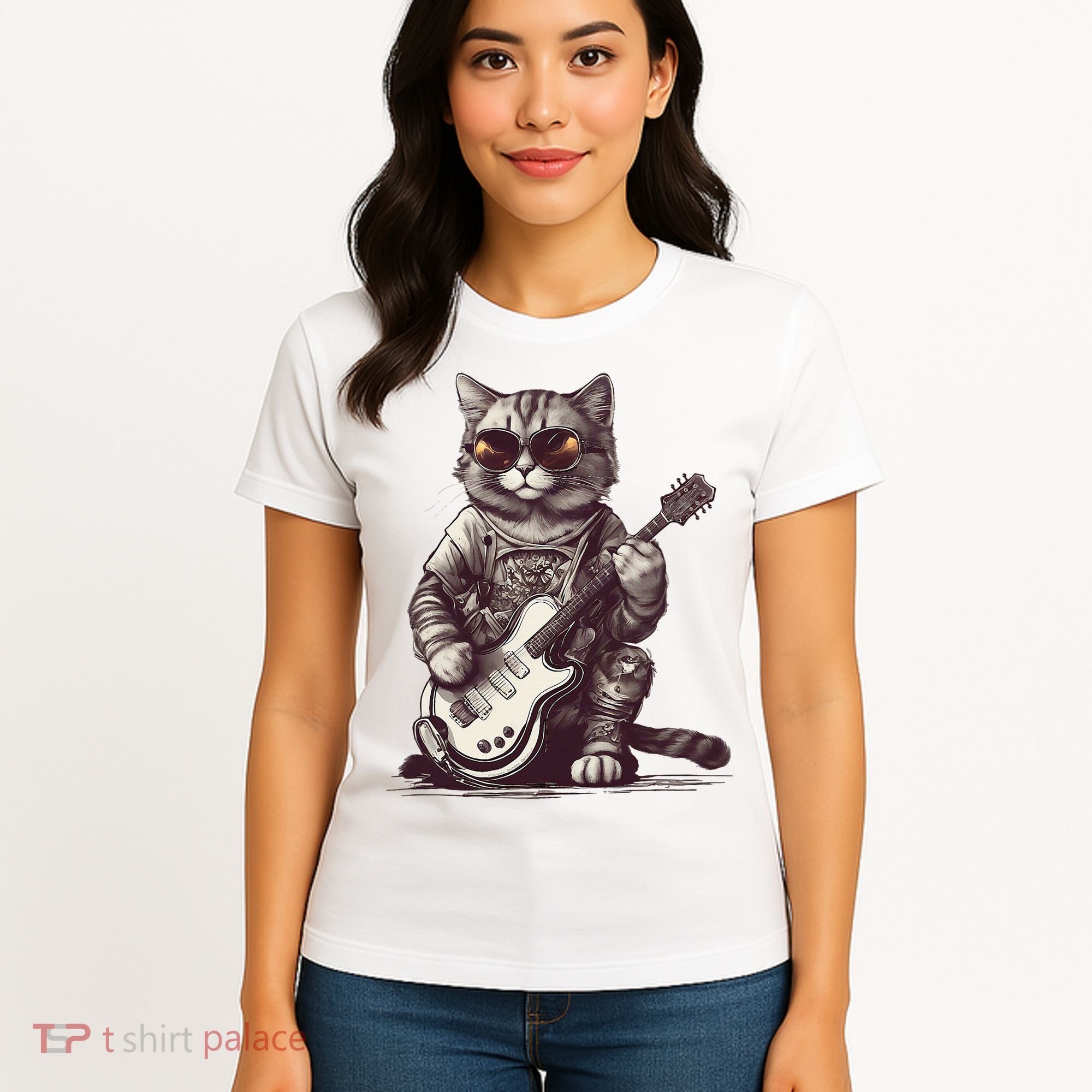 Cool Guitar Playing Cat with Glasses Band Rock Guitar Women's T-Shirt