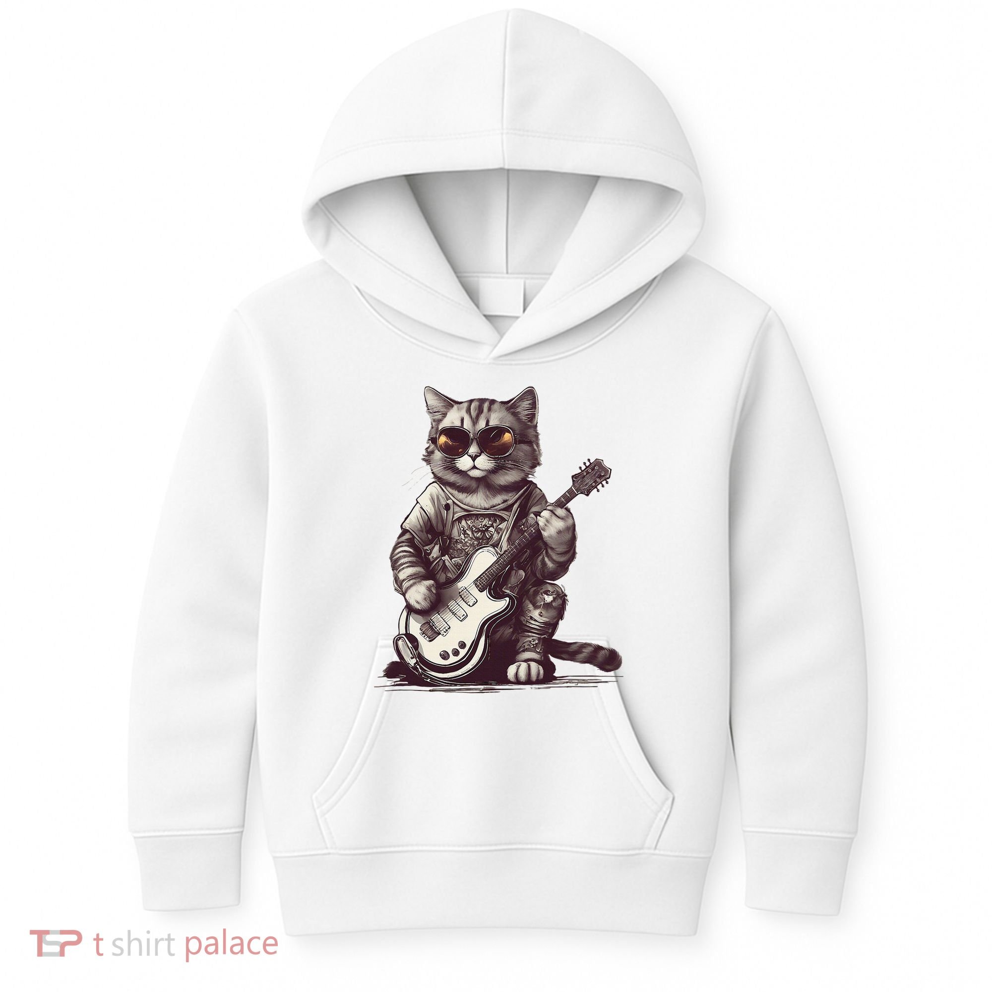 Cool Guitar Playing Cat with Glasses Band Rock Guitar Kids Hoodie