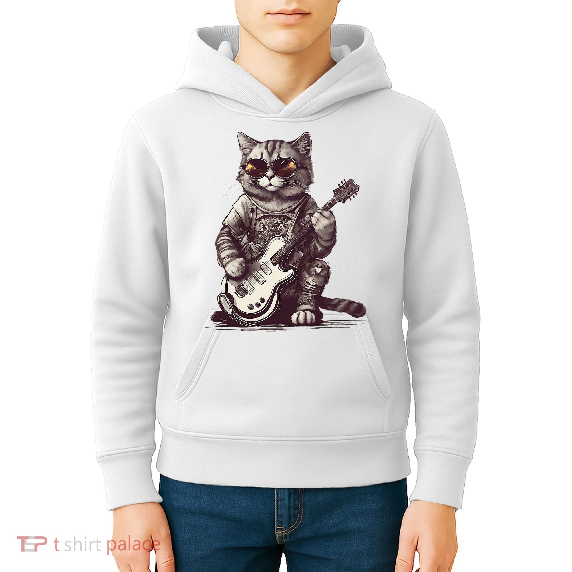 Cool Guitar Playing Cat with Glasses Band Rock Guitar Kids Hoodie
