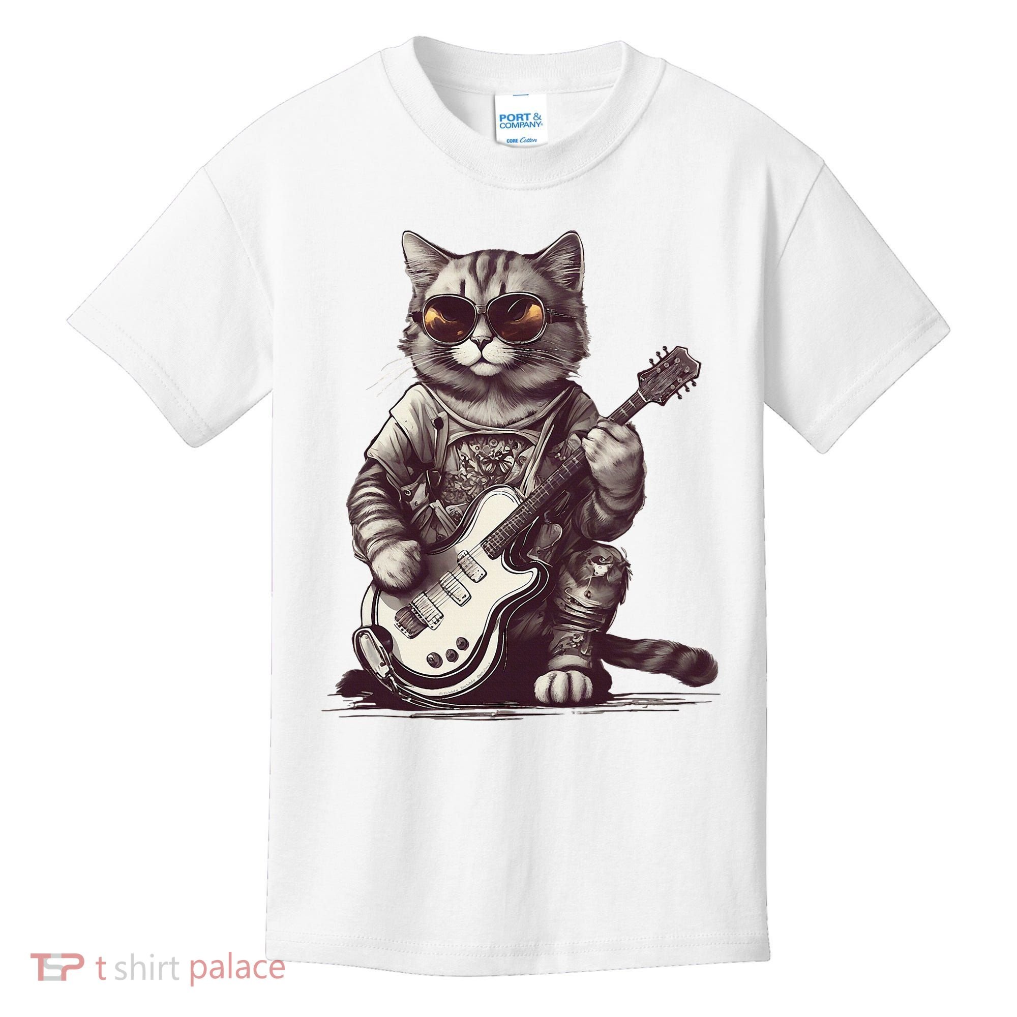 Cool Guitar Playing Cat with Glasses Band Rock Guitar Kids T-Shirt