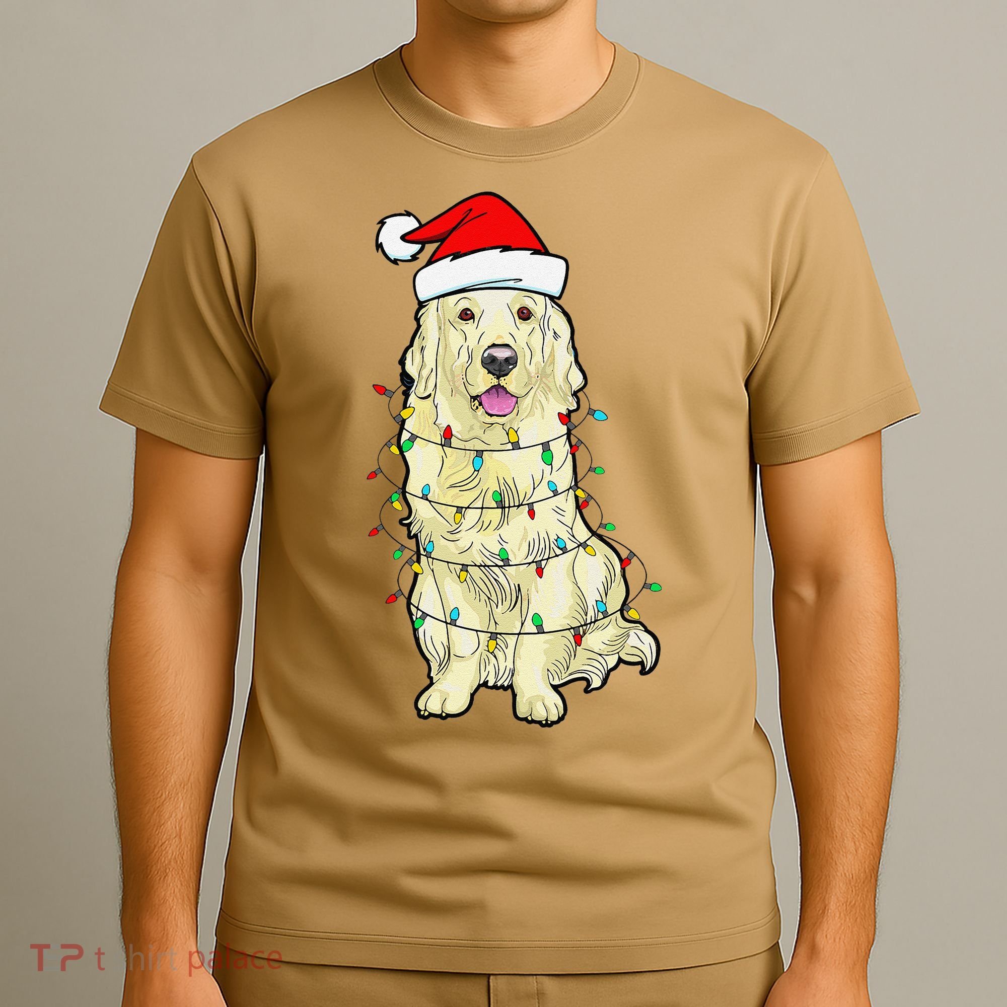 Cream Golden Retriever Dog Merry Xmas Christmas Lights T-Shirt