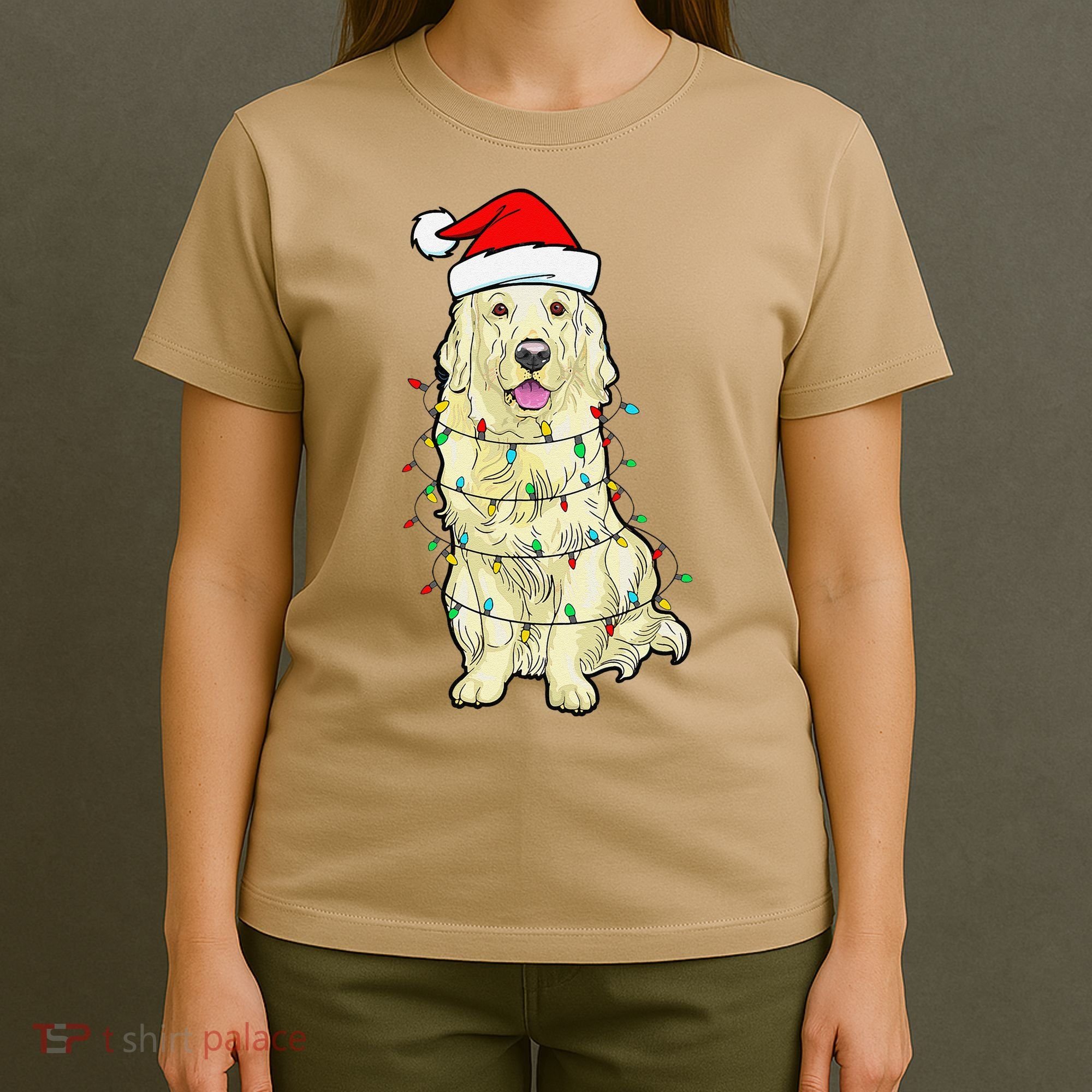 Cream Golden Retriever Dog Merry Xmas Christmas Lights T-Shirt