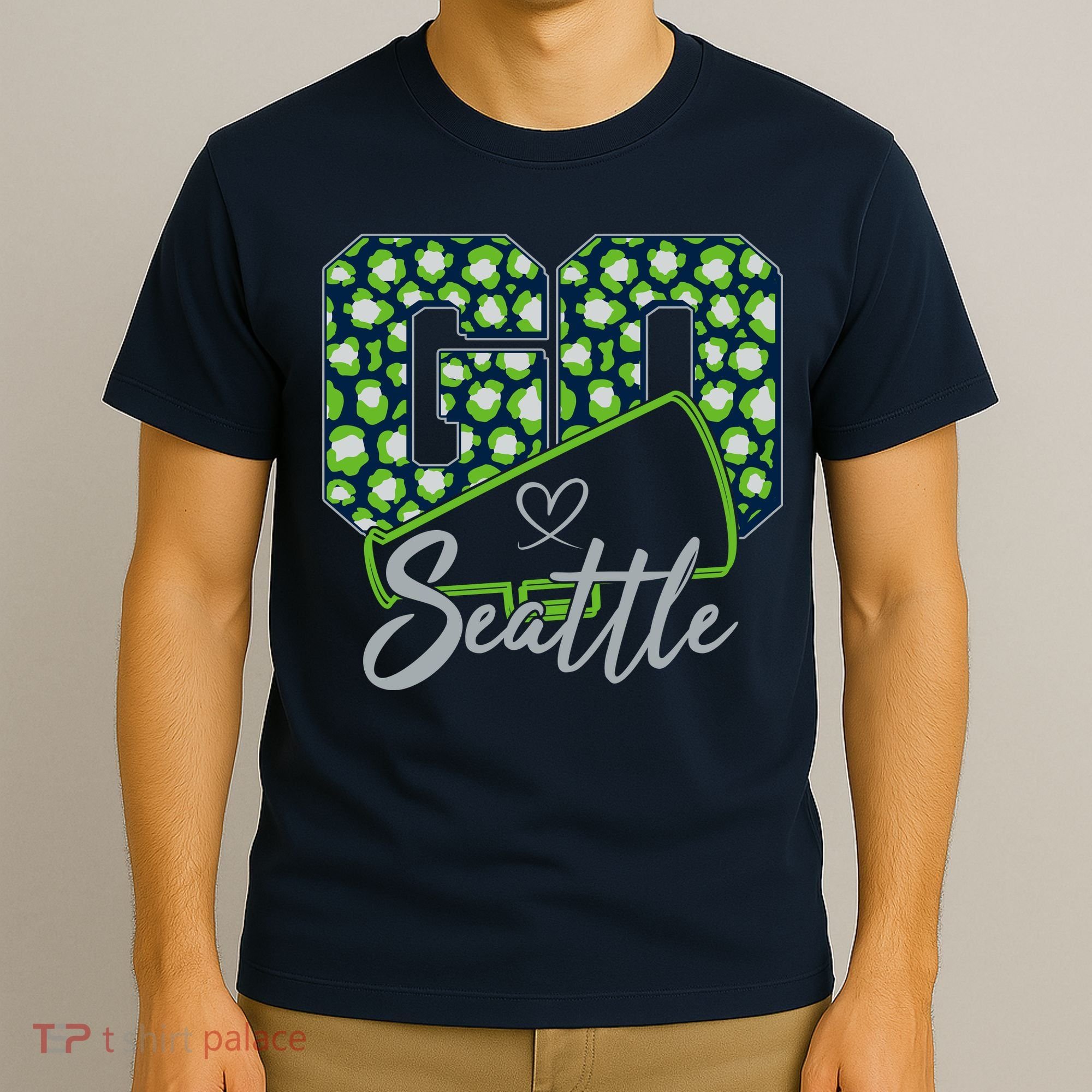 Cute Go Seattle Leopard Print Cheer Megaphone Football Fan T-Shirt