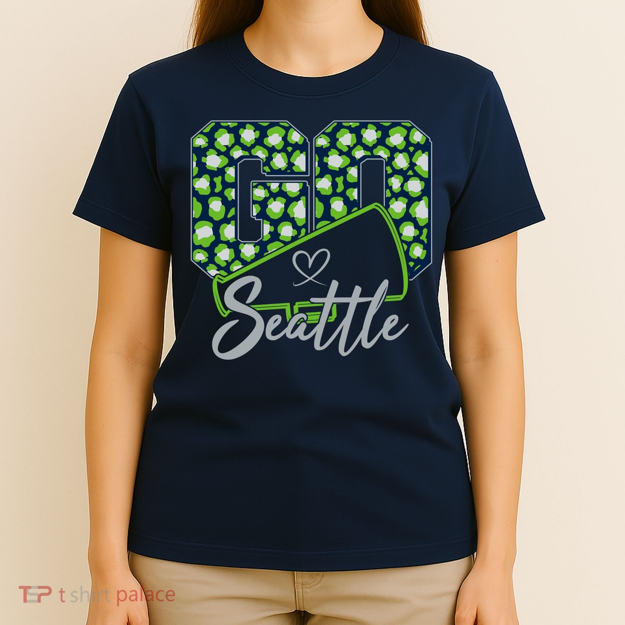 Cute Go Seattle Leopard Print Cheer Megaphone Football Fan T-Shirt