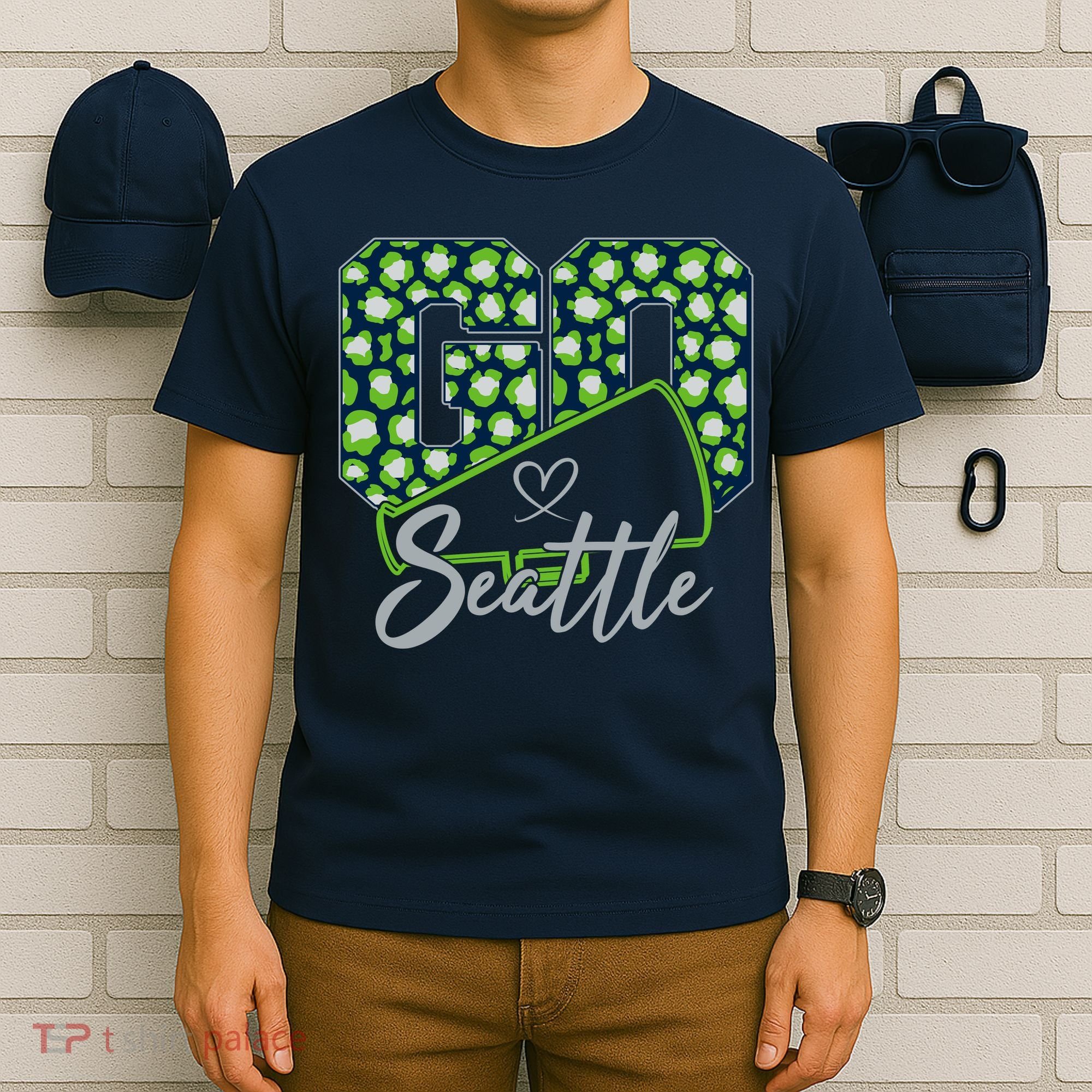 Cute Go Seattle Leopard Print Cheer Megaphone Football Fan T-Shirt