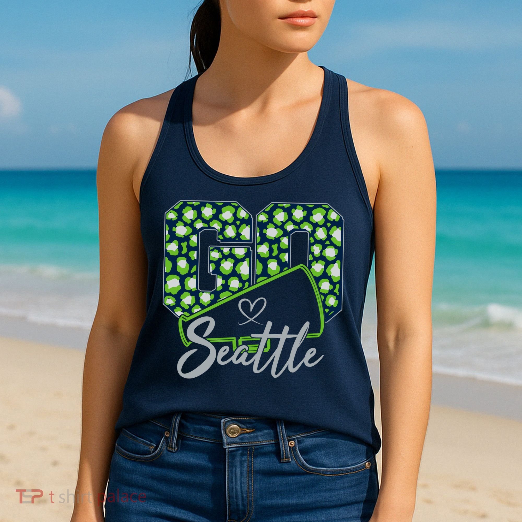 Cute Go Seattle Leopard Print Cheer Megaphone Football Fan Women's Tank Top