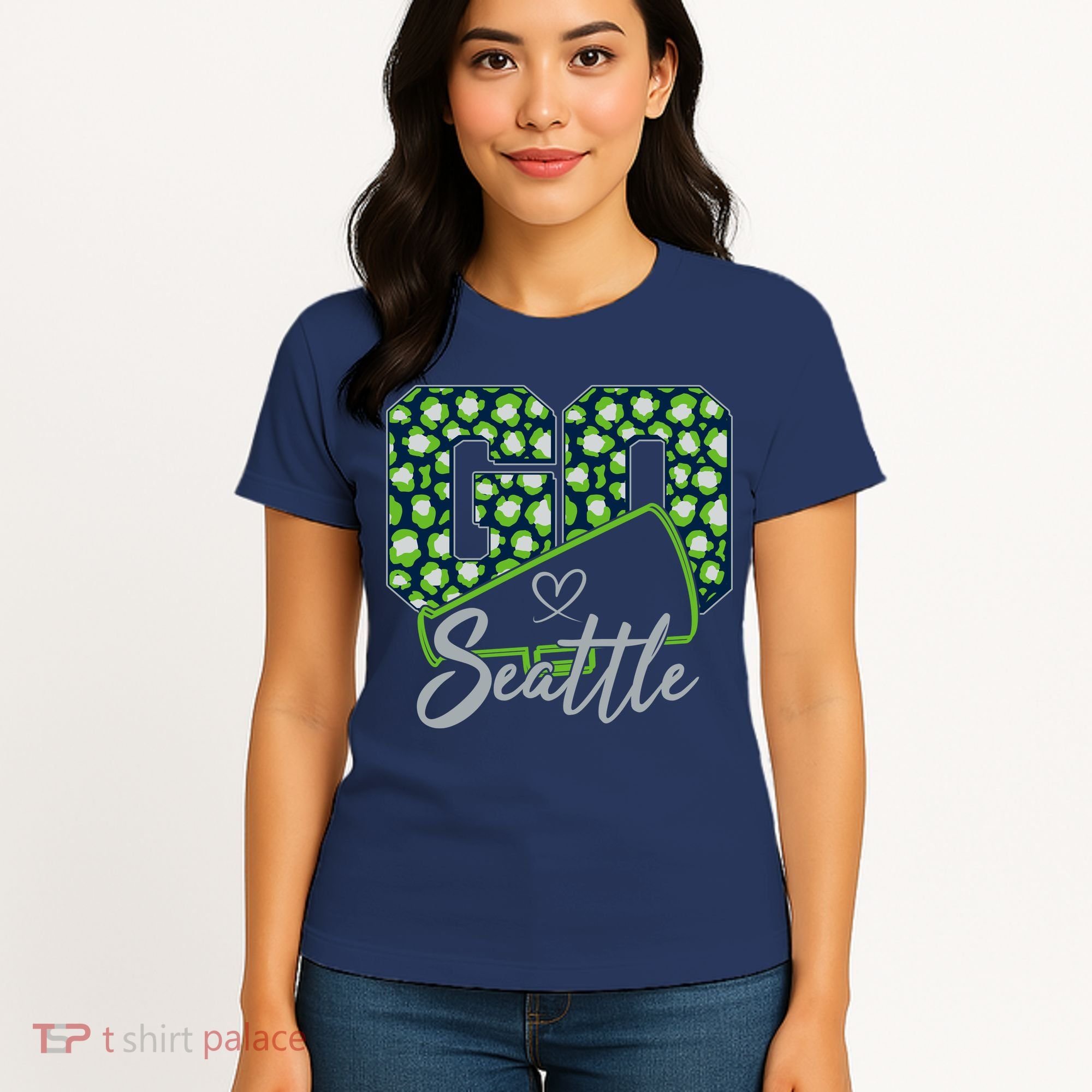 Cute Go Seattle Leopard Print Cheer Megaphone Football Fan Women's T-Shirt