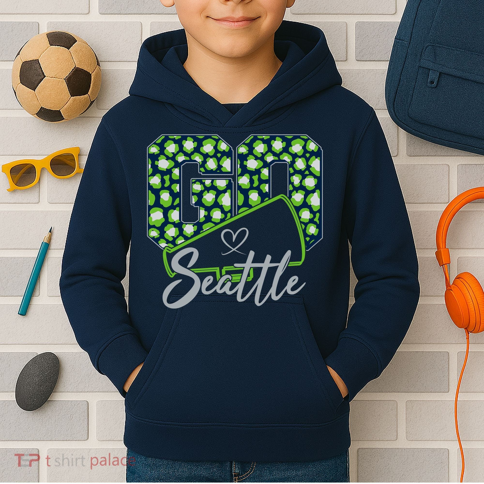 Cute Go Seattle Leopard Print Cheer Megaphone Football Fan Kids Hoodie