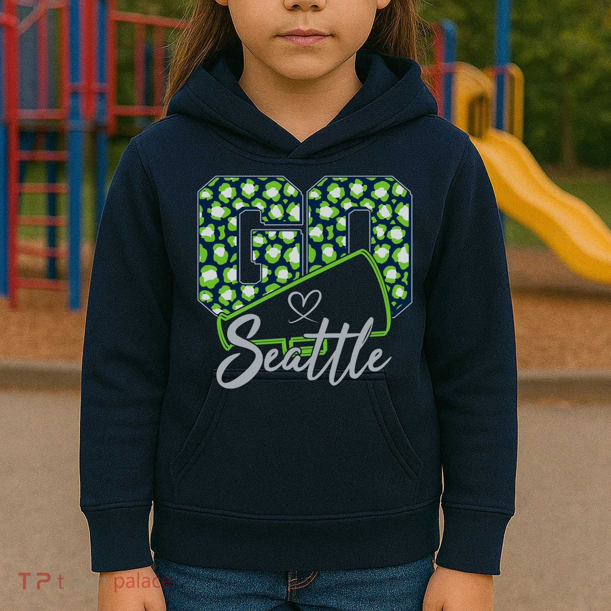Cute Go Seattle Leopard Print Cheer Megaphone Football Fan Kids Hoodie