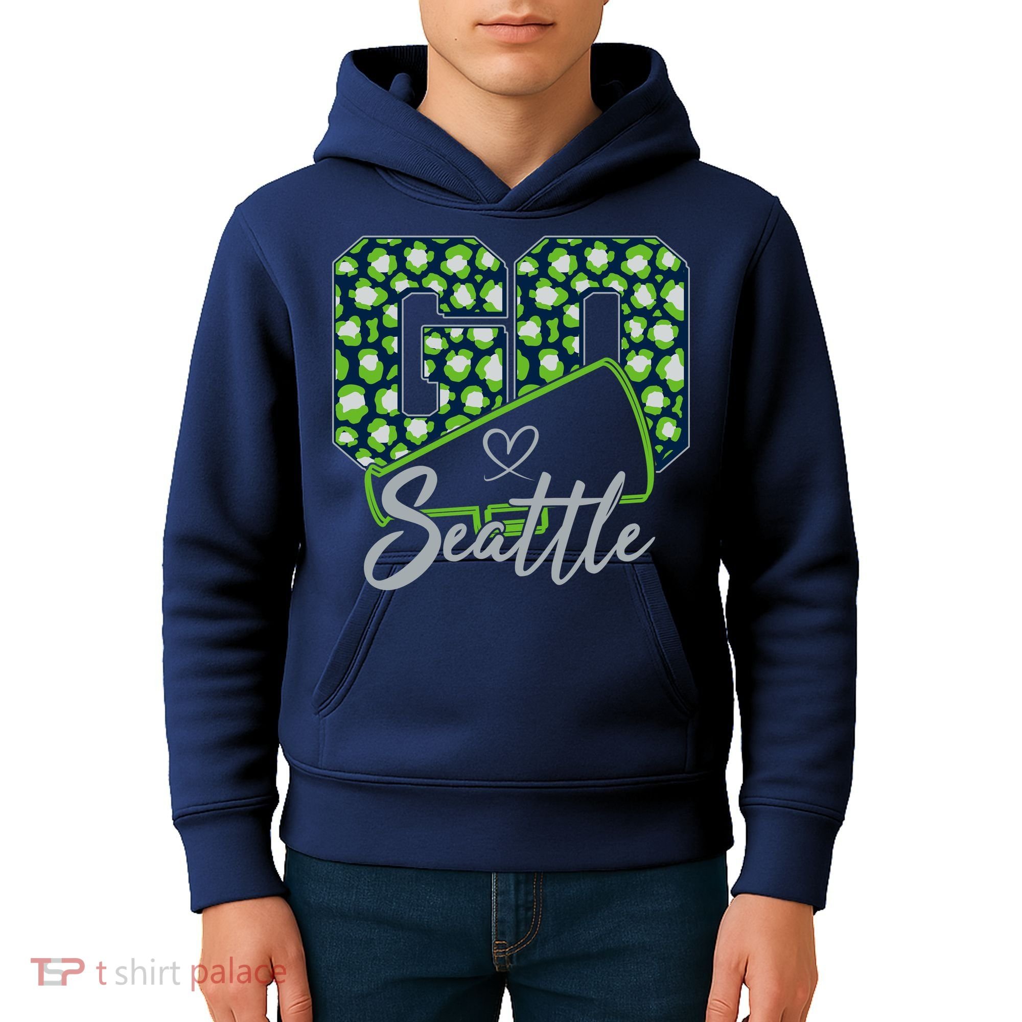 Cute Go Seattle Leopard Print Cheer Megaphone Football Fan Kids Hoodie