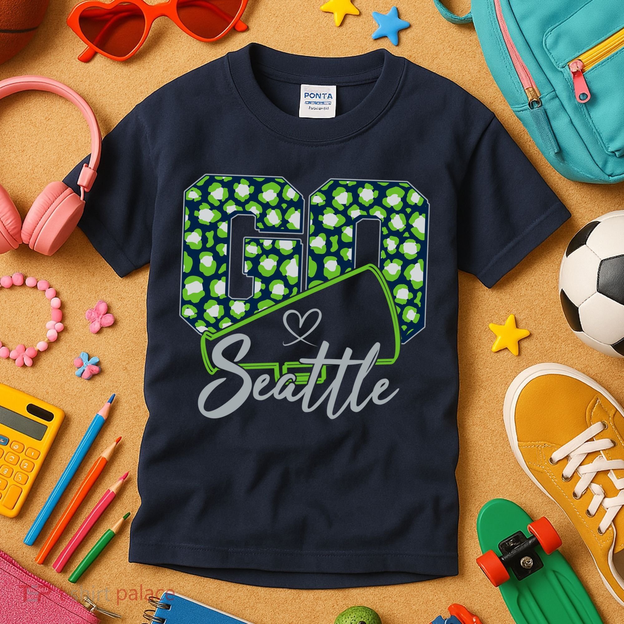 Cute Go Seattle Leopard Print Cheer Megaphone Football Fan Kids T-Shirt