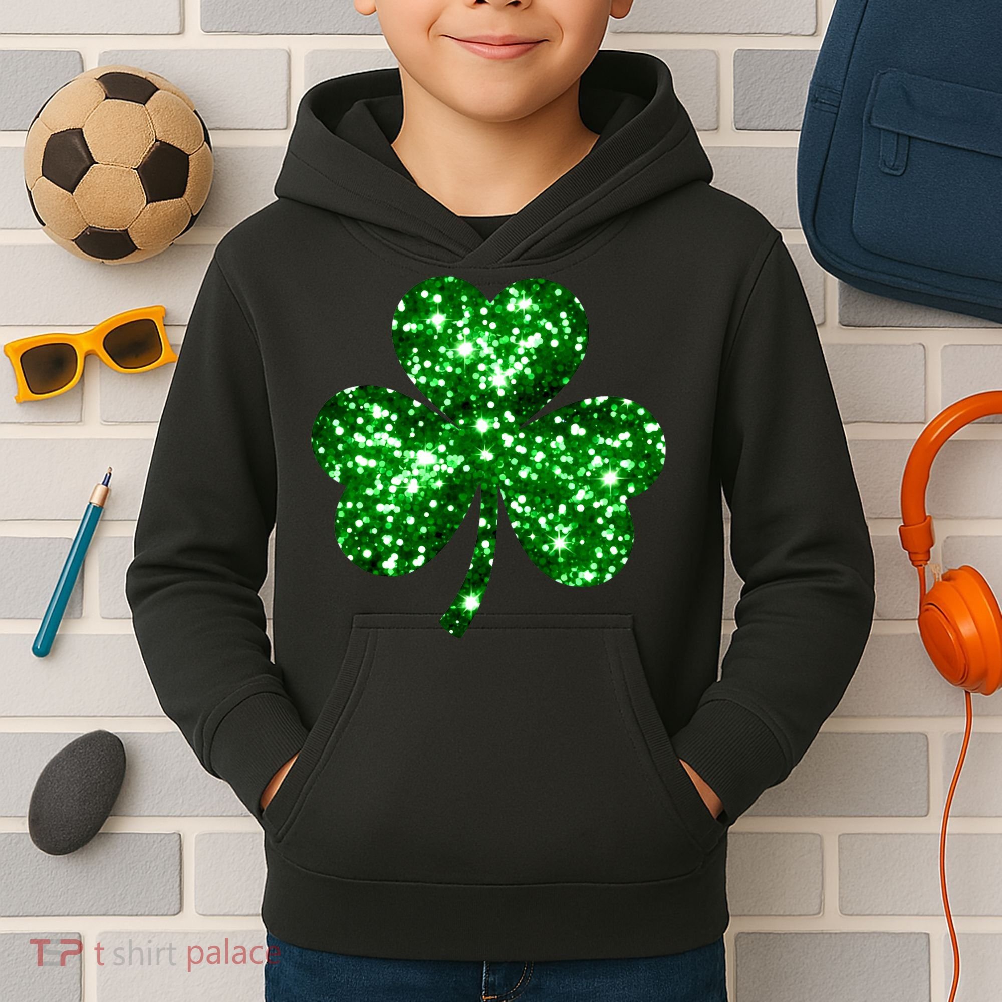 Cute Glittery St Patrick's Day Shamrock Kids Hoodie