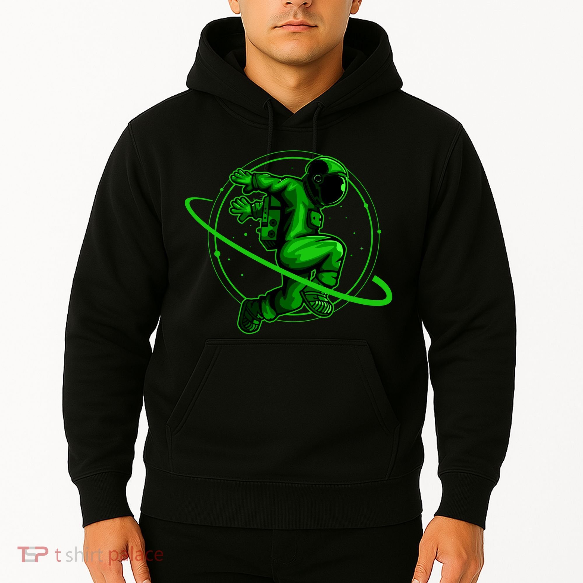 Cool Green Space Astronaut Jumping Retro Hoodie