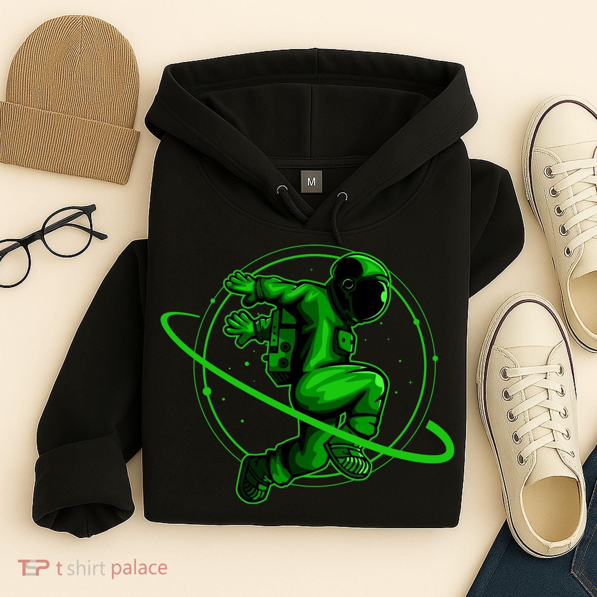 Cool Green Space Astronaut Jumping Retro Hoodie