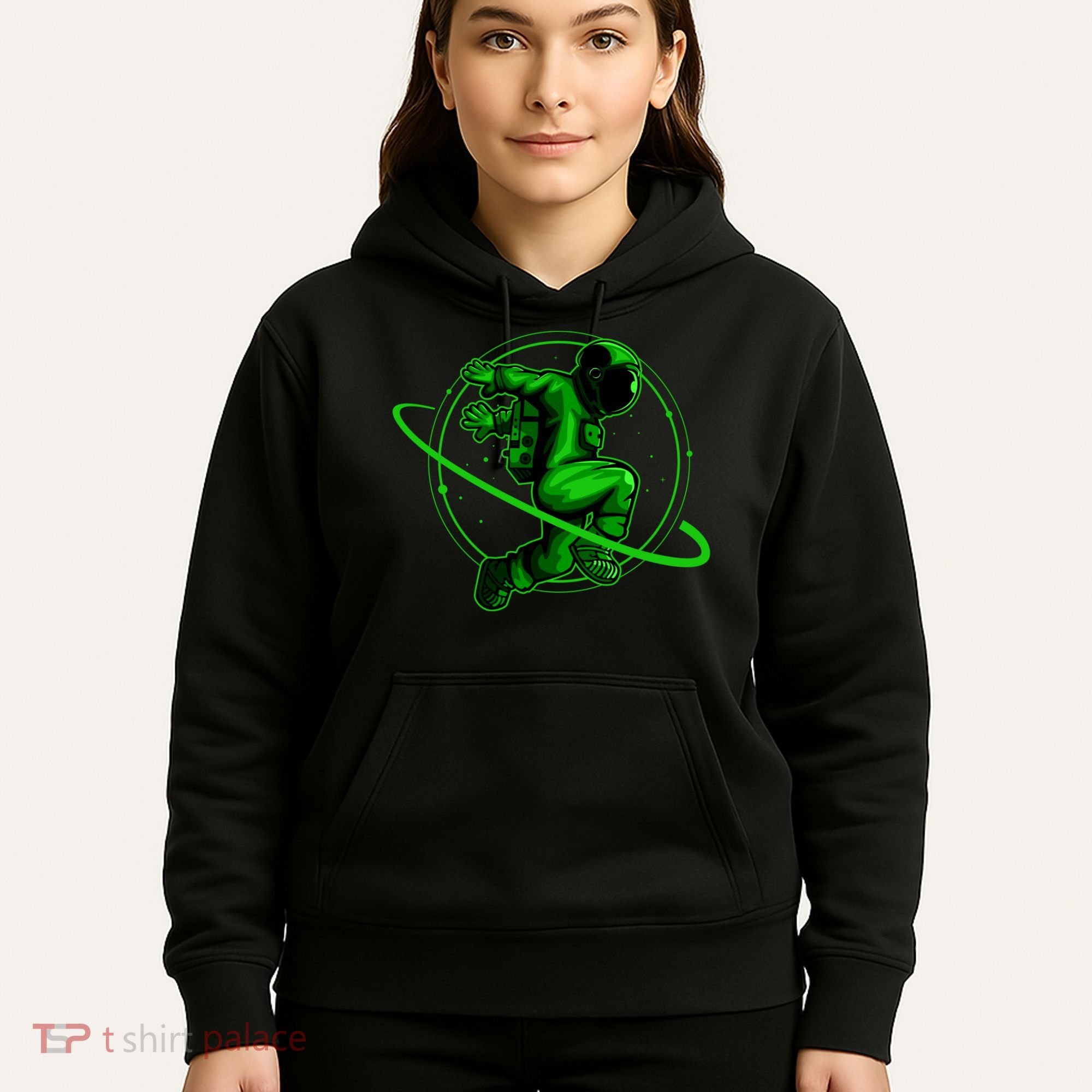 Cool Green Space Astronaut Jumping Retro Hoodie