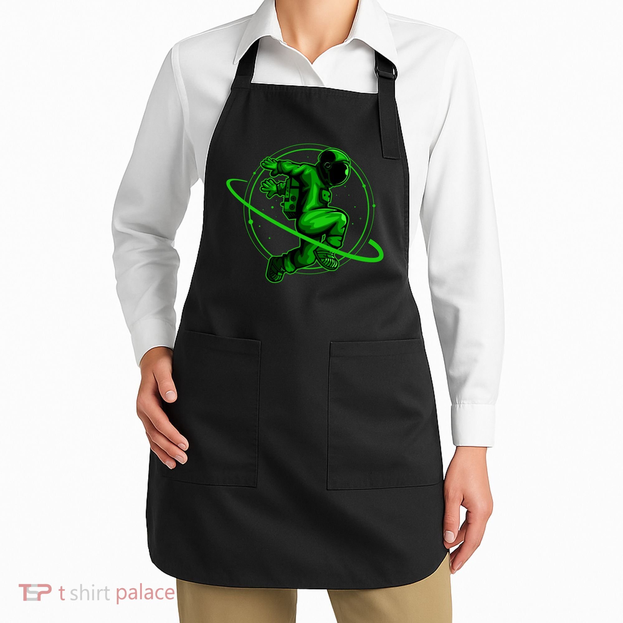 Cool Green Space Astronaut Jumping Retro Apron