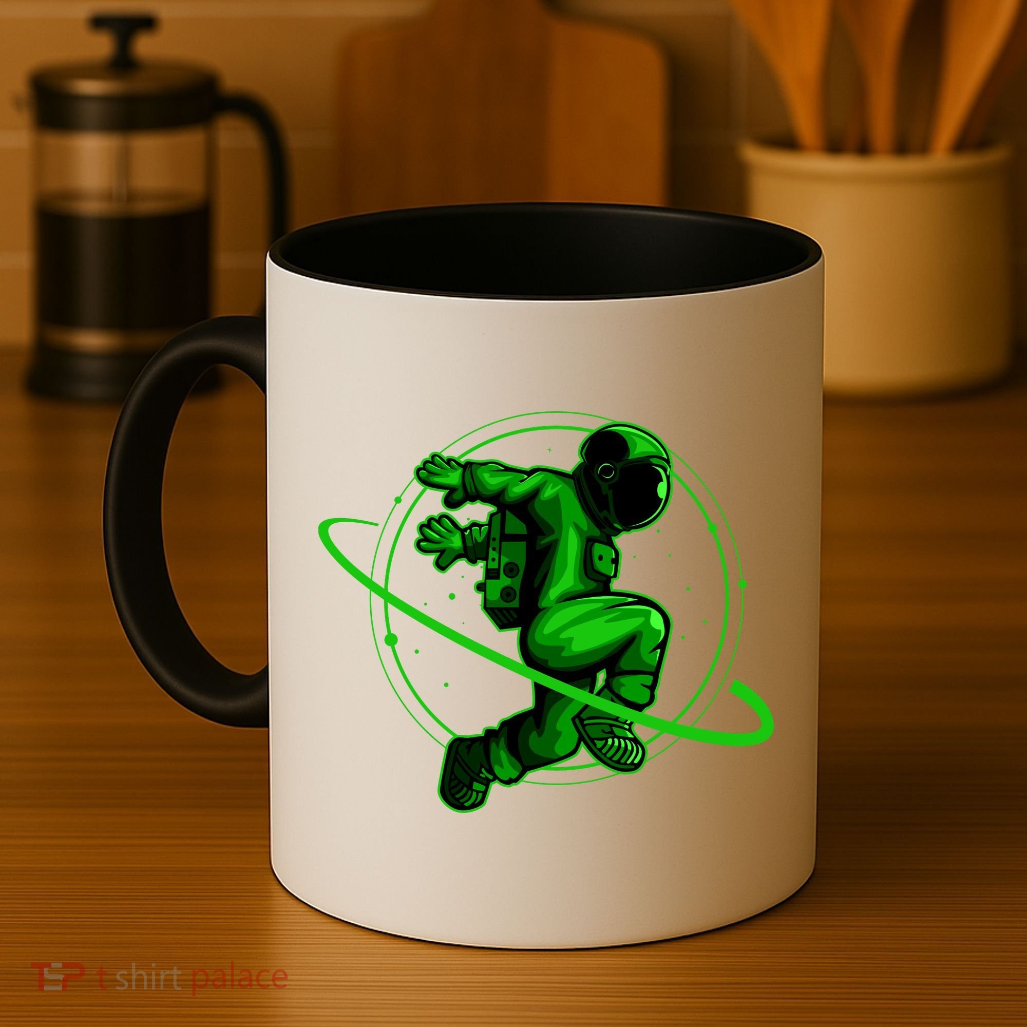 Cool Green Space Astronaut Jumping Retro Coffee Mug