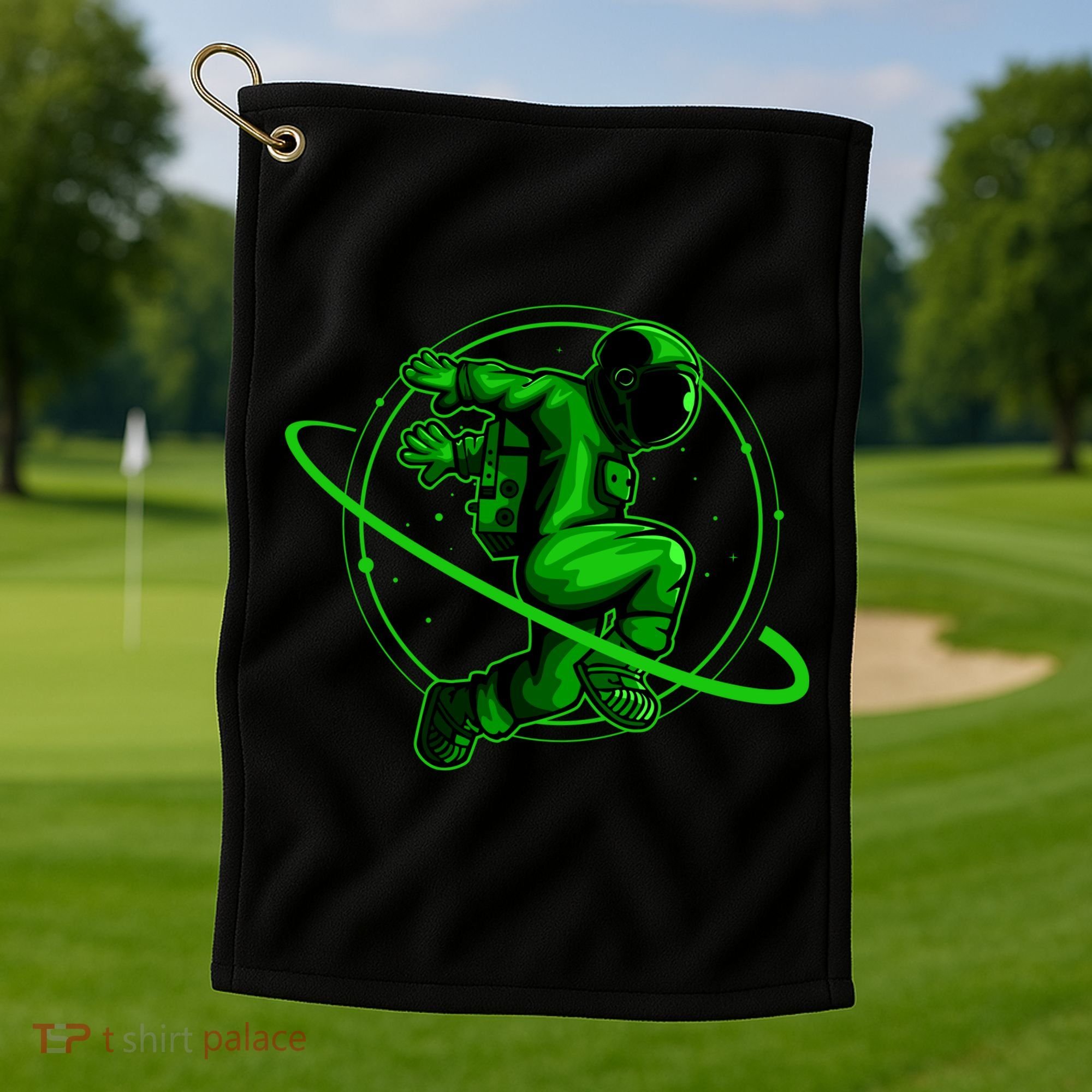Cool Green Space Astronaut Jumping Retro Golf Towel