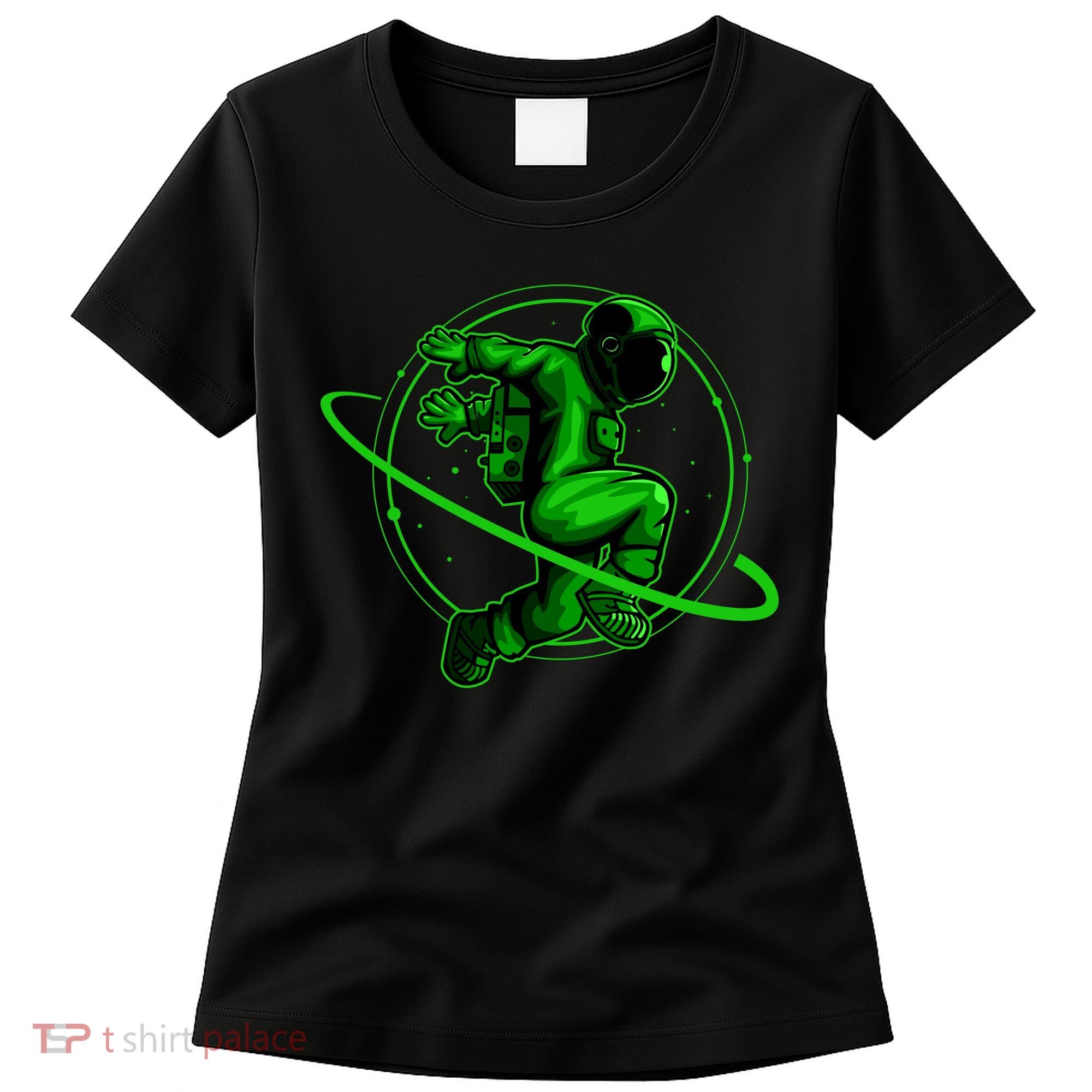 Cool Green Space Astronaut Jumping Retro Women's T-Shirt
