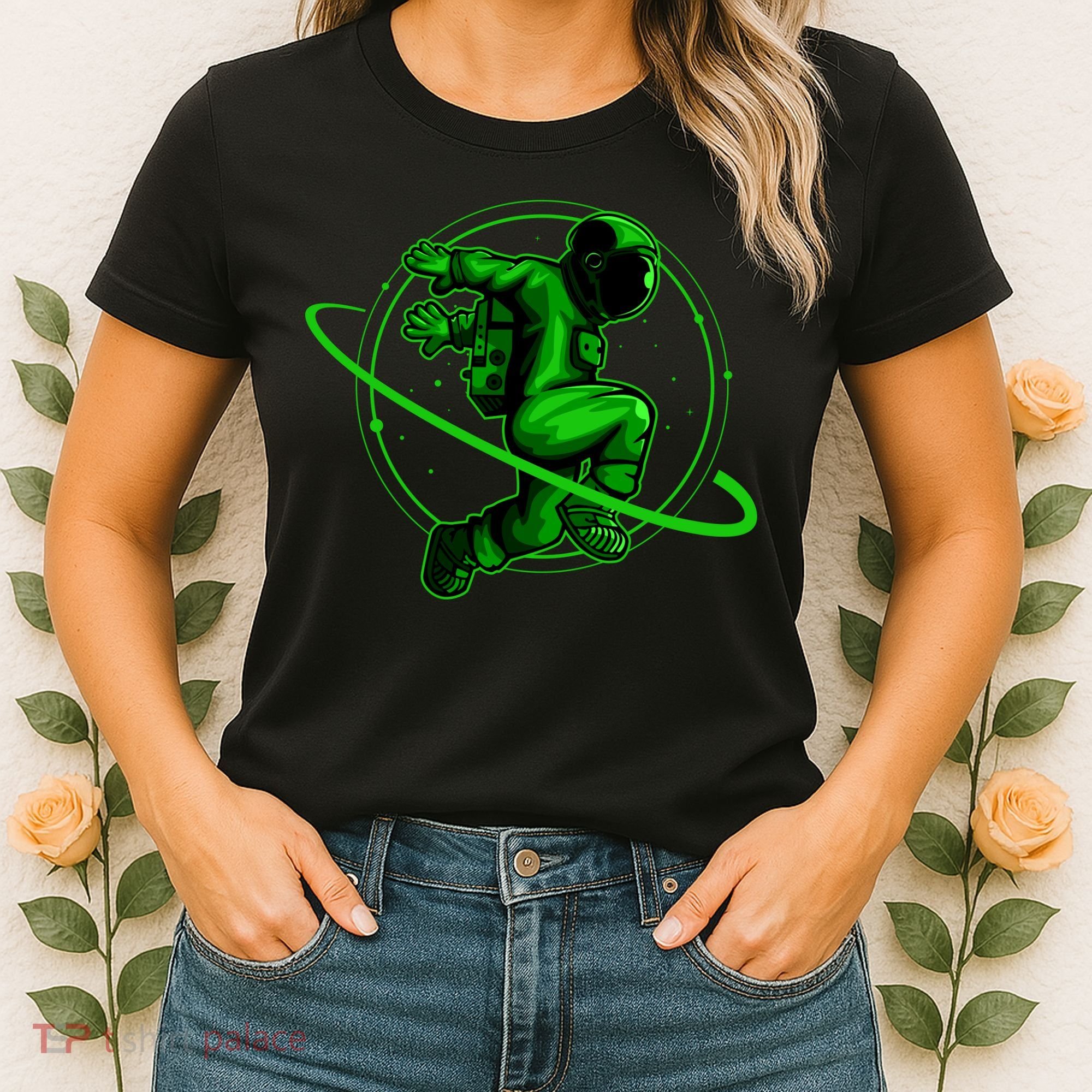 Cool Green Space Astronaut Jumping Retro Women's T-Shirt
